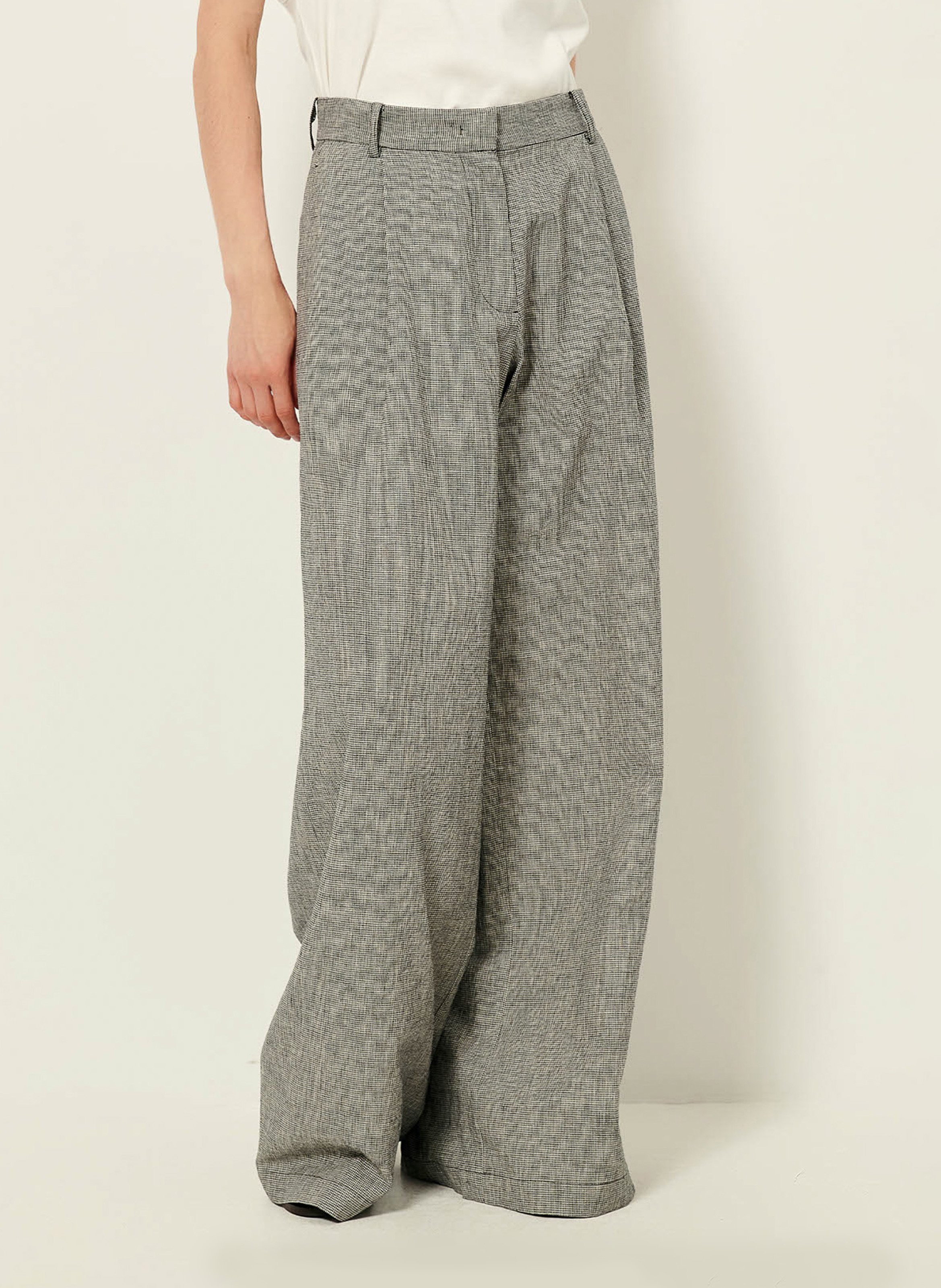 High-waisted wide-leg pants in printed linen and cotton. SESSUN Grey