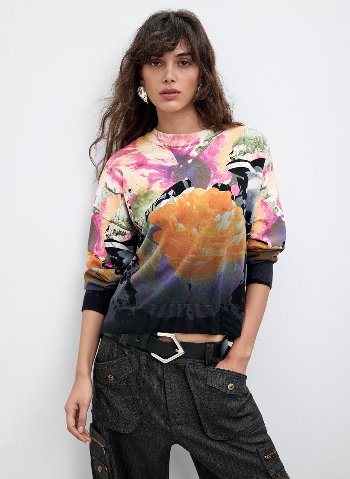 Pull droit col rond en coton mélangé DESIGUAL Noir
