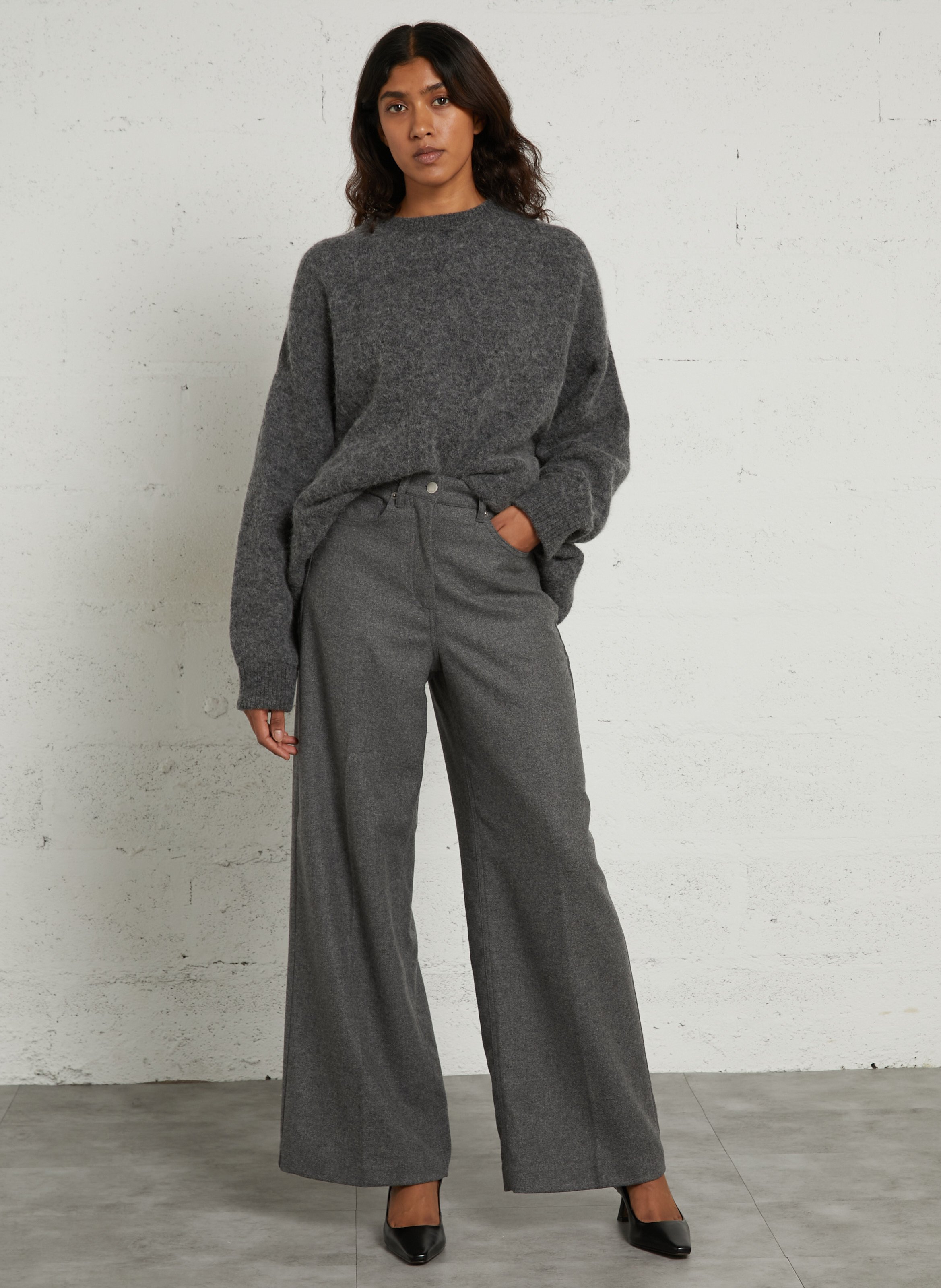 Pantalon large en laine mélangée MOMONI Gris