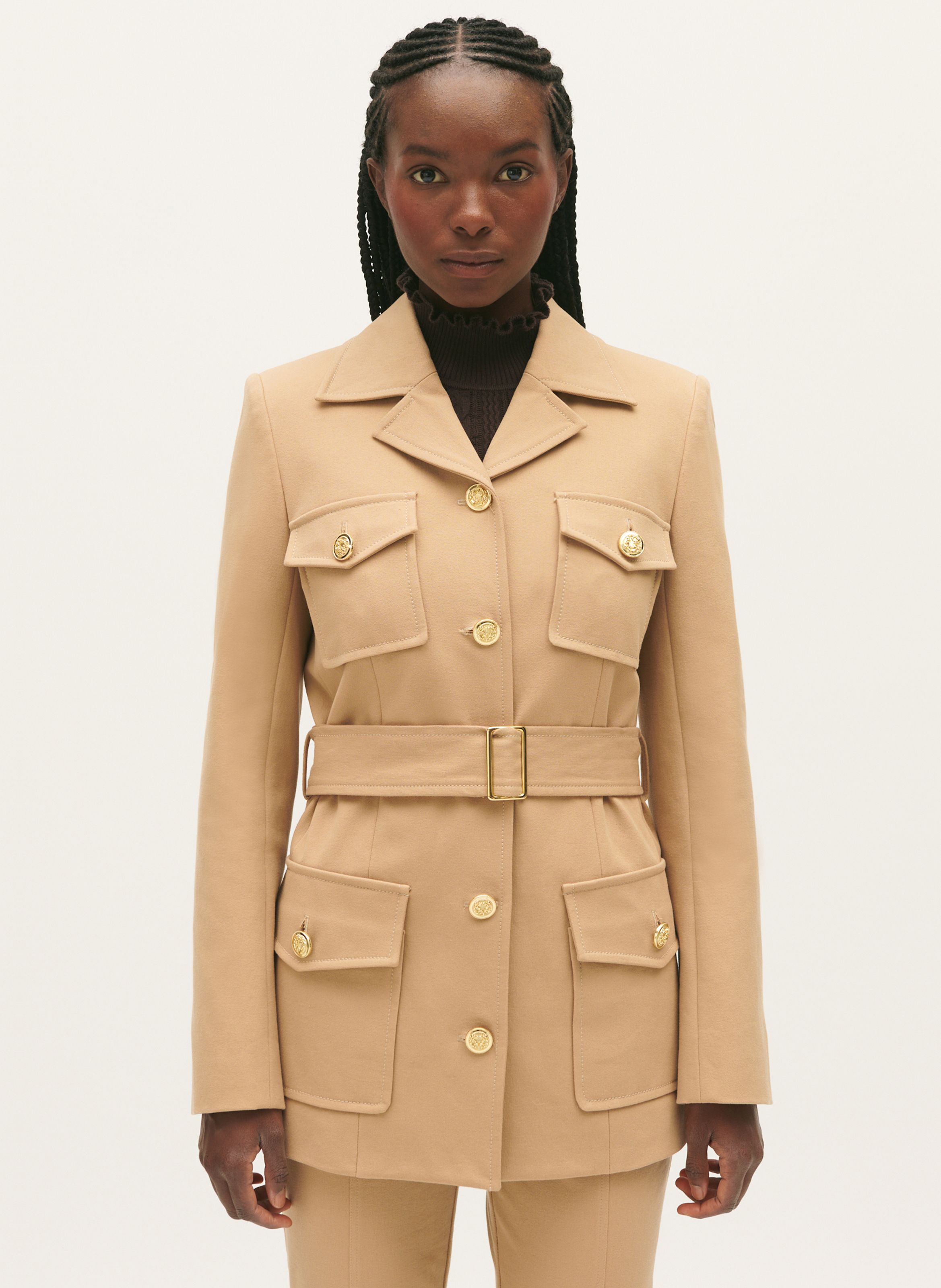 Cotton Blend Jacket With Tailored Collar And Belt Nougat Claudie