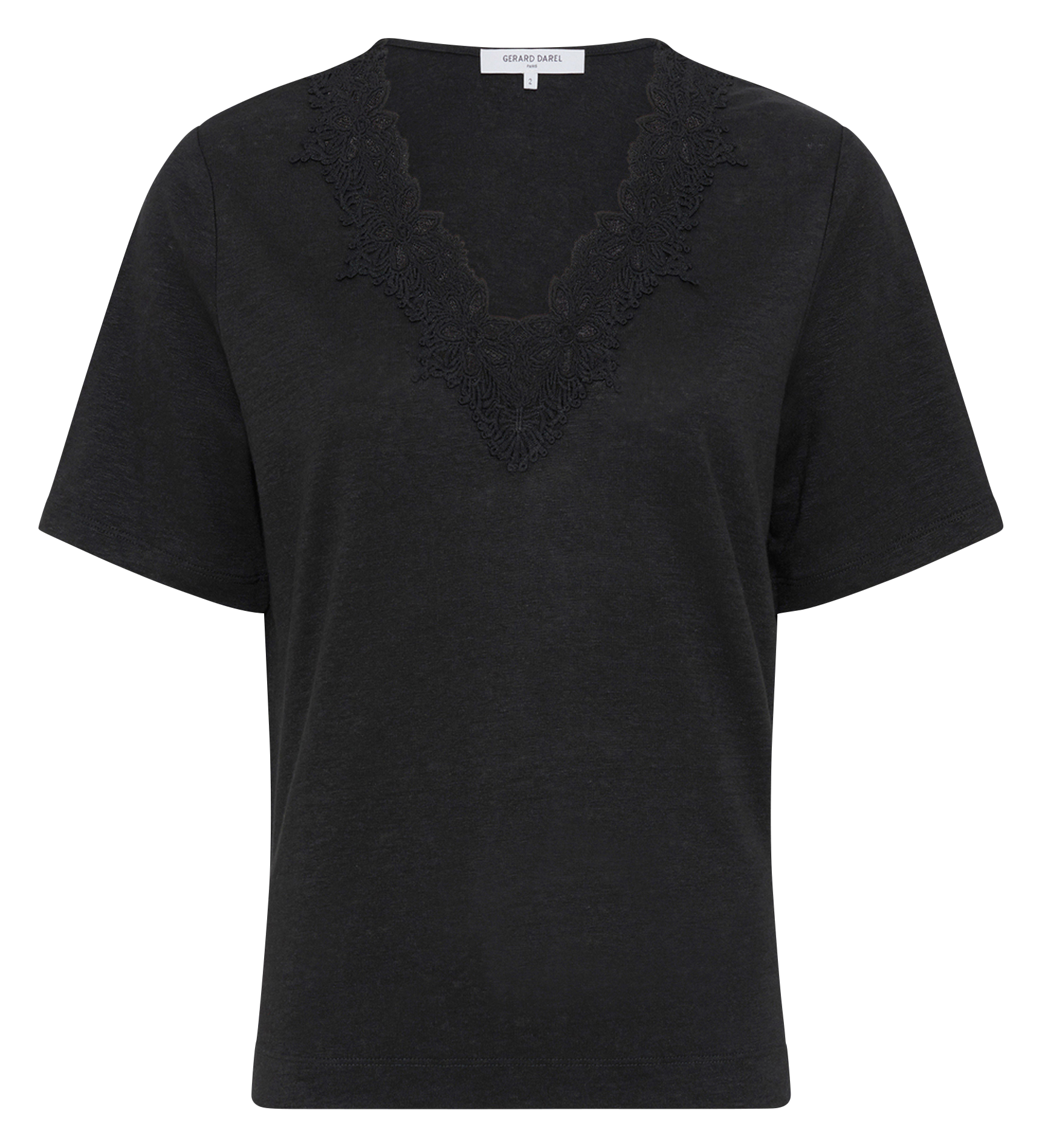Leinen-T-Shirt mit V-Ausschnitt und Spitze GERARD DAREL Schwarz