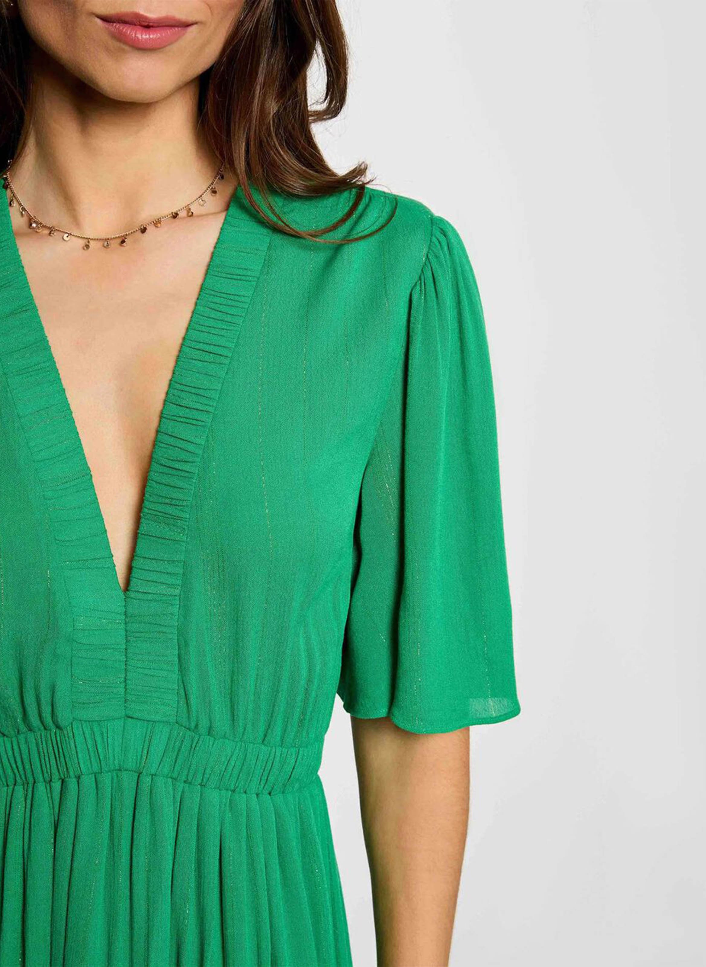 Long fluid V-neck solid dress MORGAN Green