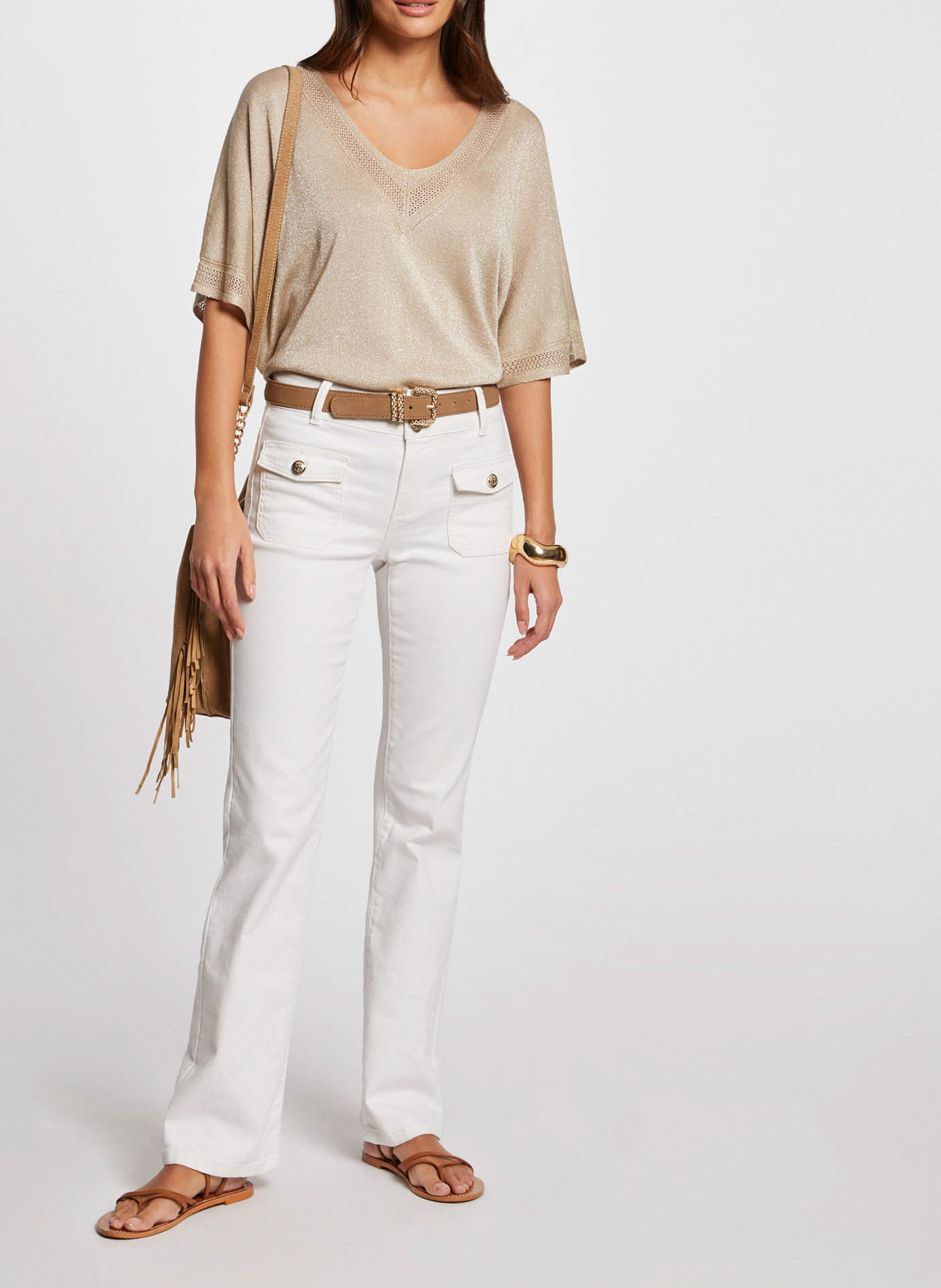 Gerade geschnittener Pullover mit V-Ausschnitt und Metallic-Dekor MORGAN Beige
