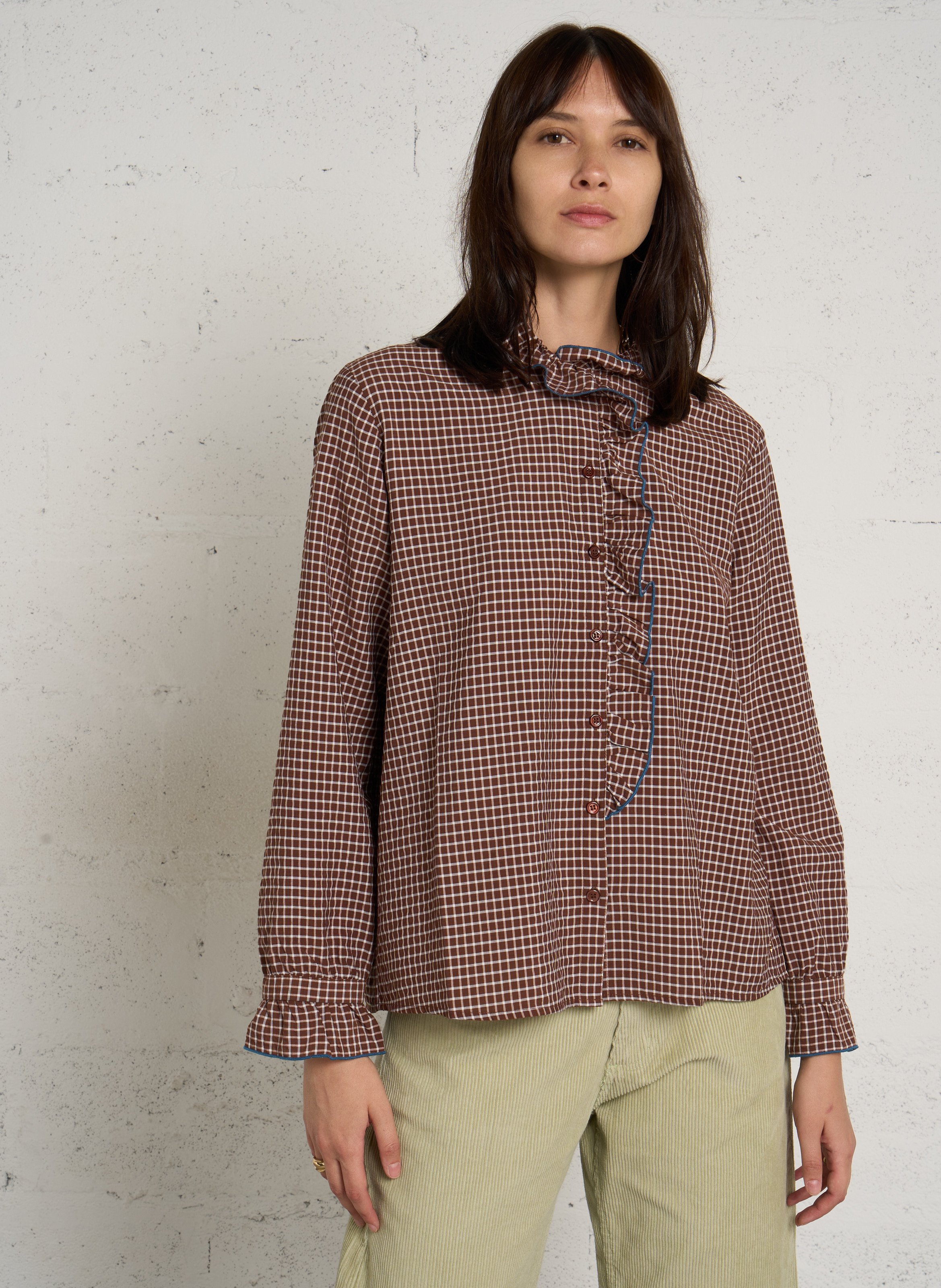 Chemise manches longues à volant  DES PETITS HAUTS Marron
