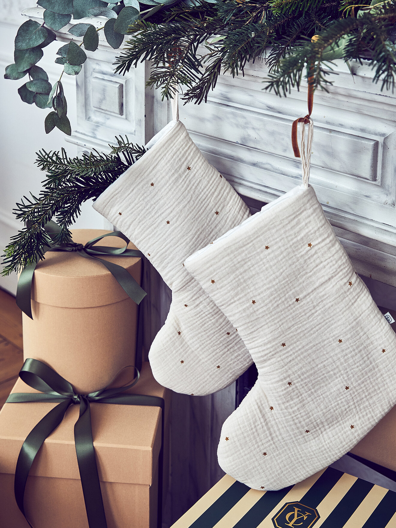 Cotton gauze Christmas stocking set of 2 CYRILLUS White