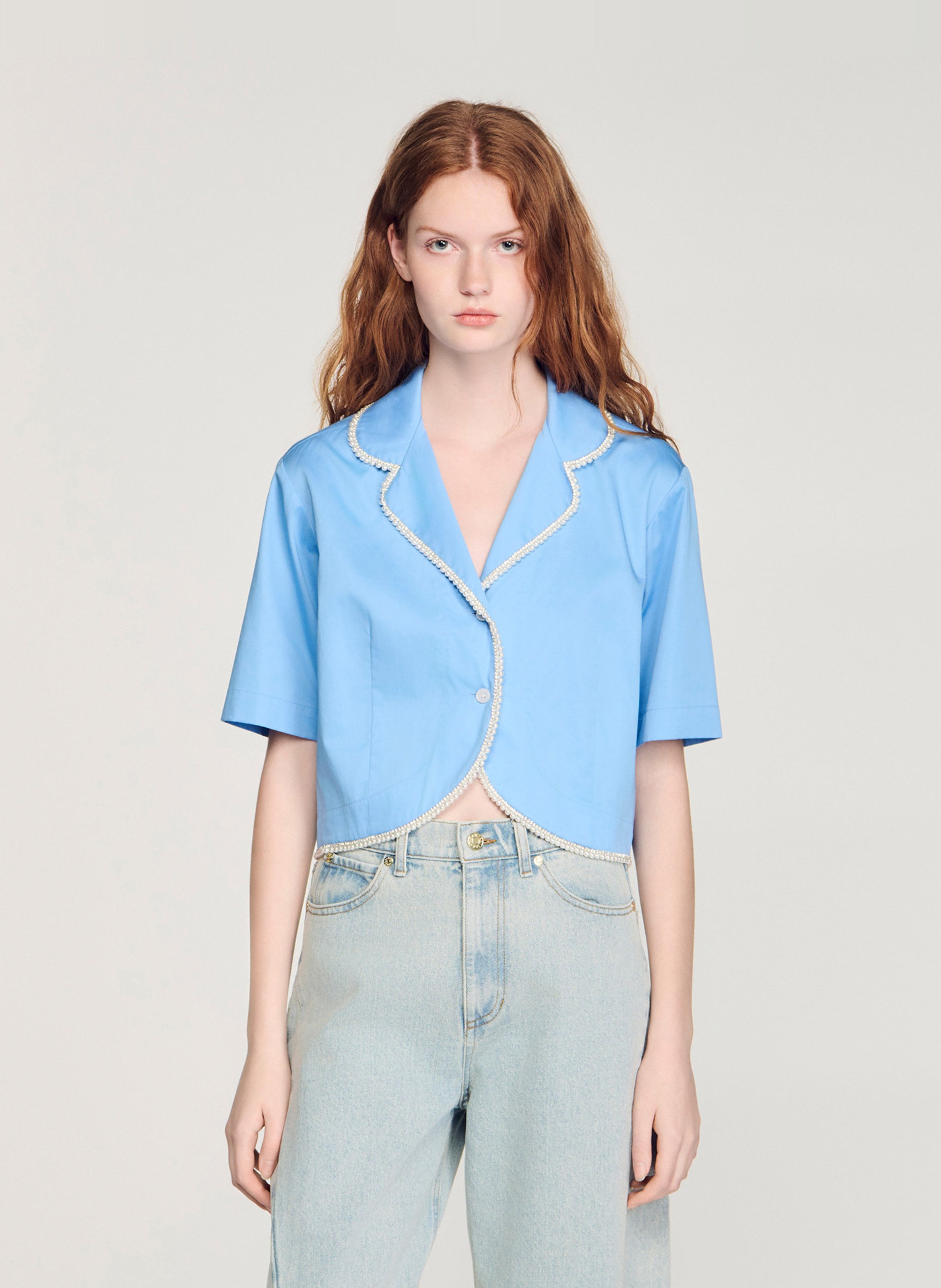 Korte blouse met pareldetail SANDRO Blauw