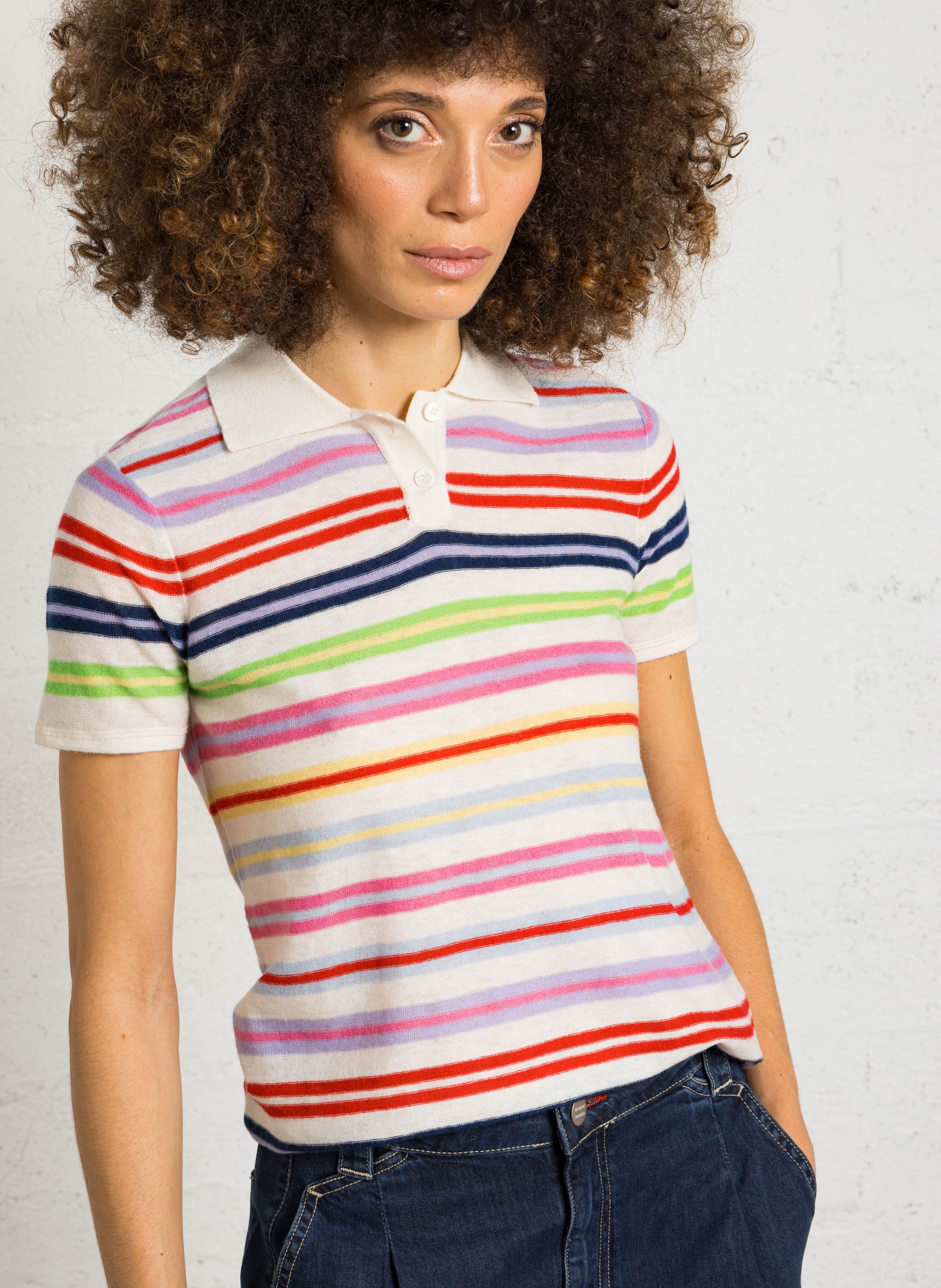 Polo manches courtes rayé en maille cachemire MAJESTIC FILATURES Beige