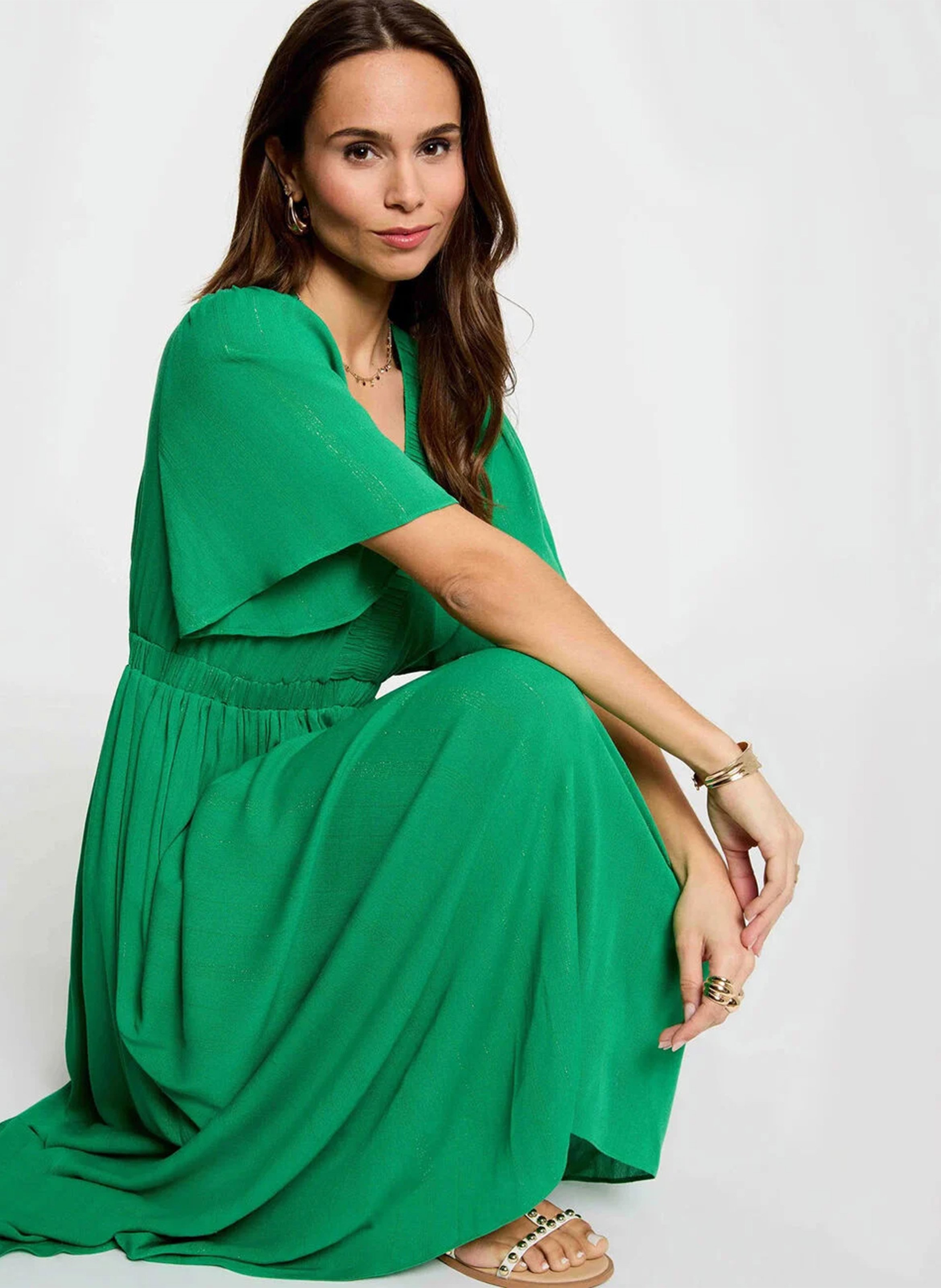 Long fluid V-neck solid dress MORGAN Green
