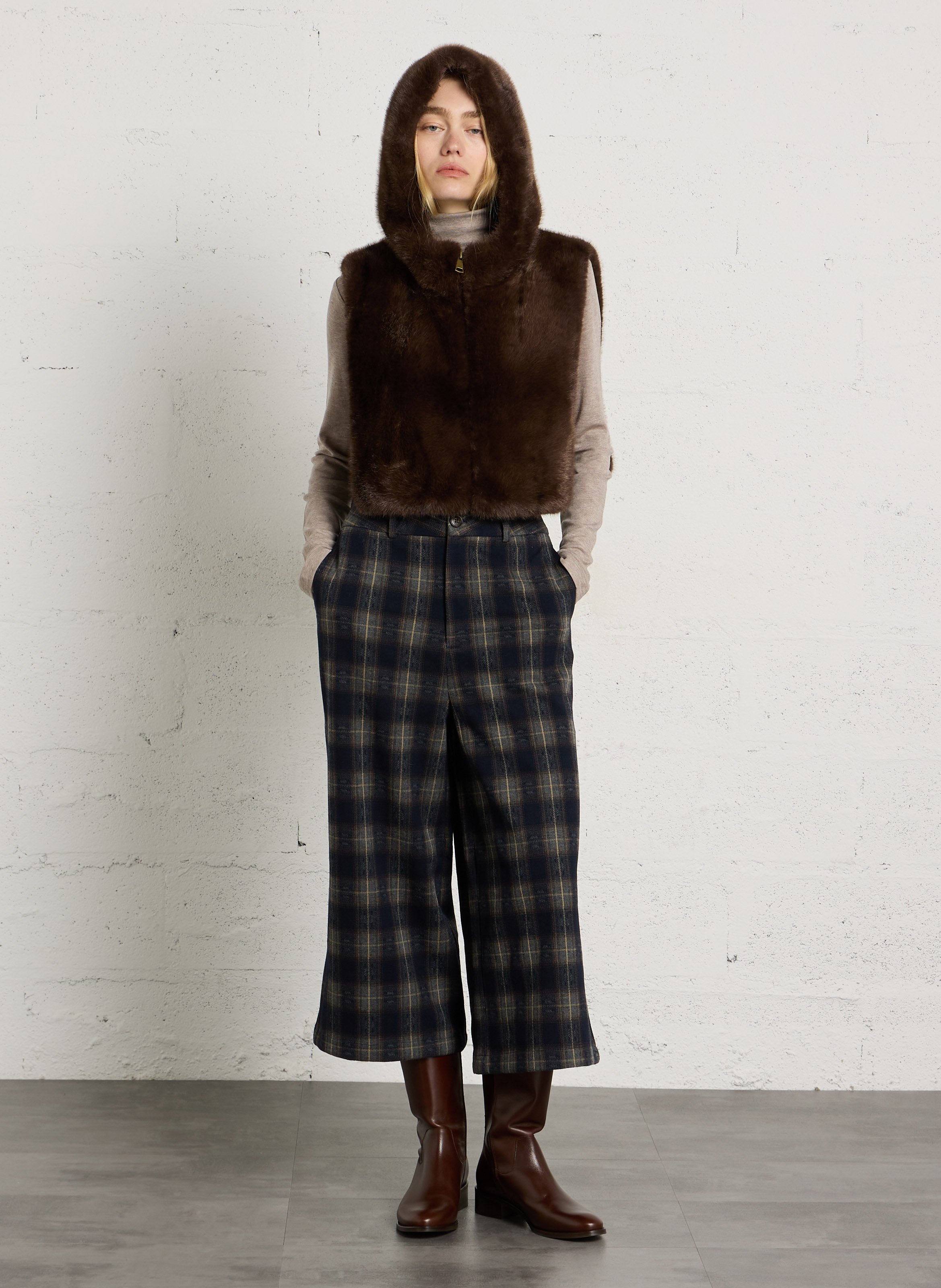 Wide check cropped pants SEE U SOON Blue