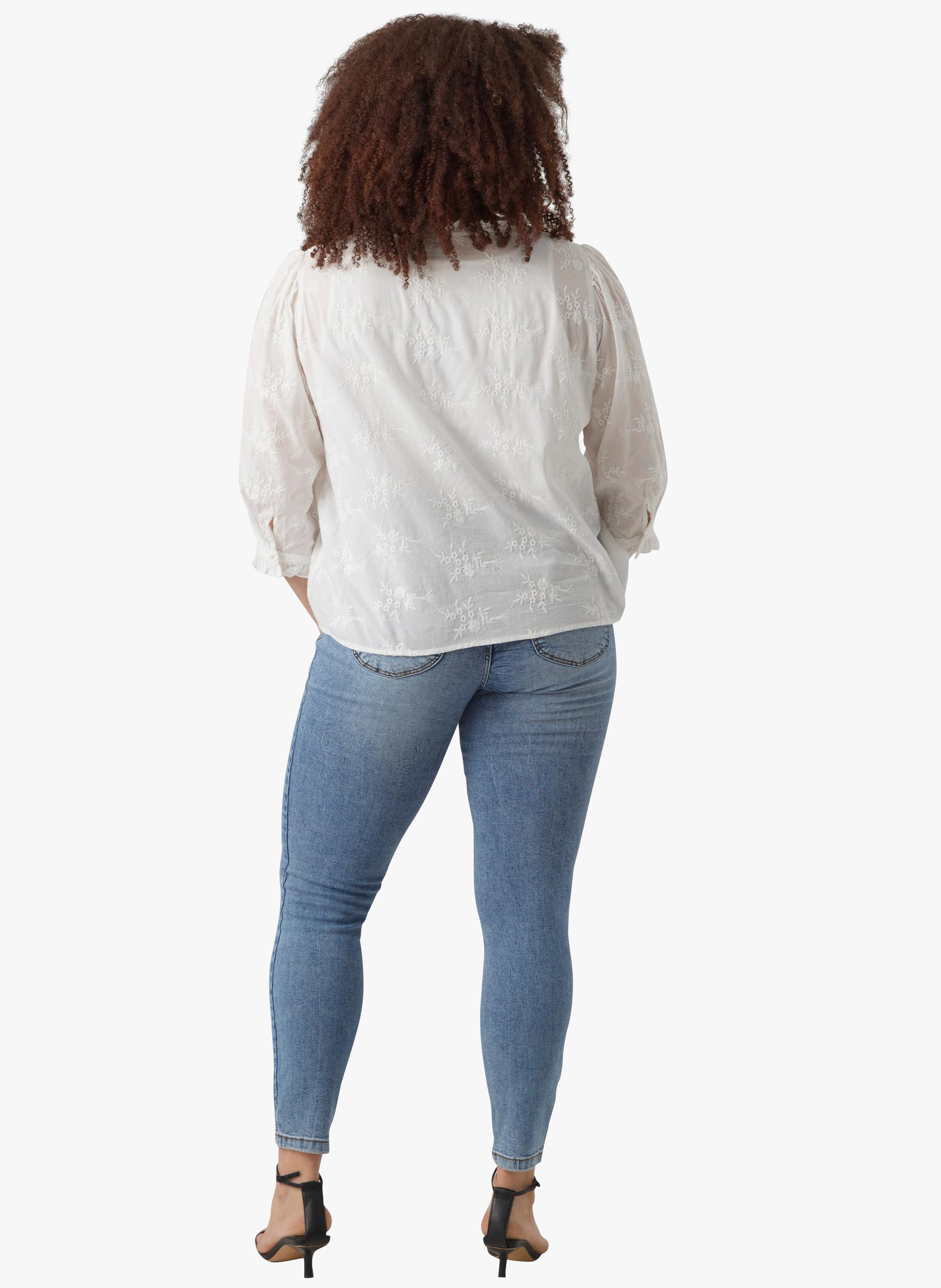 Gerade geschnittenes Baumwollhemd mit V-Ausschnitt und Stickerei Weiss