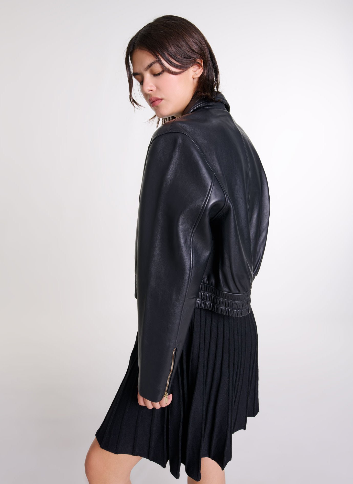 Lambskin Leather Jacket With Classic Collar Noir Maje Women MFPBL00747 2517 NOIR Place des Tendances