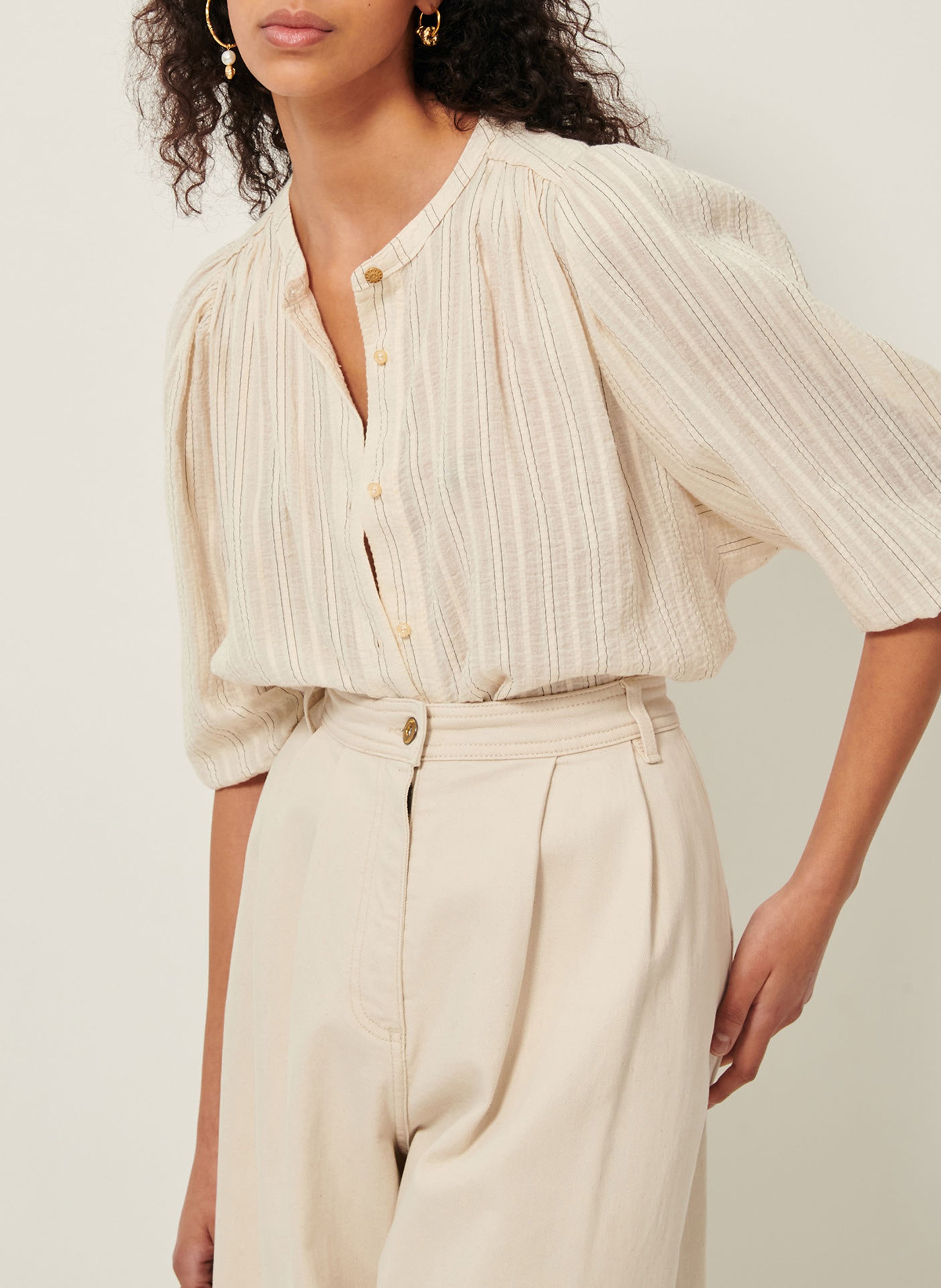 Loose-fit organic cotton shirt with mandarin collar Beige