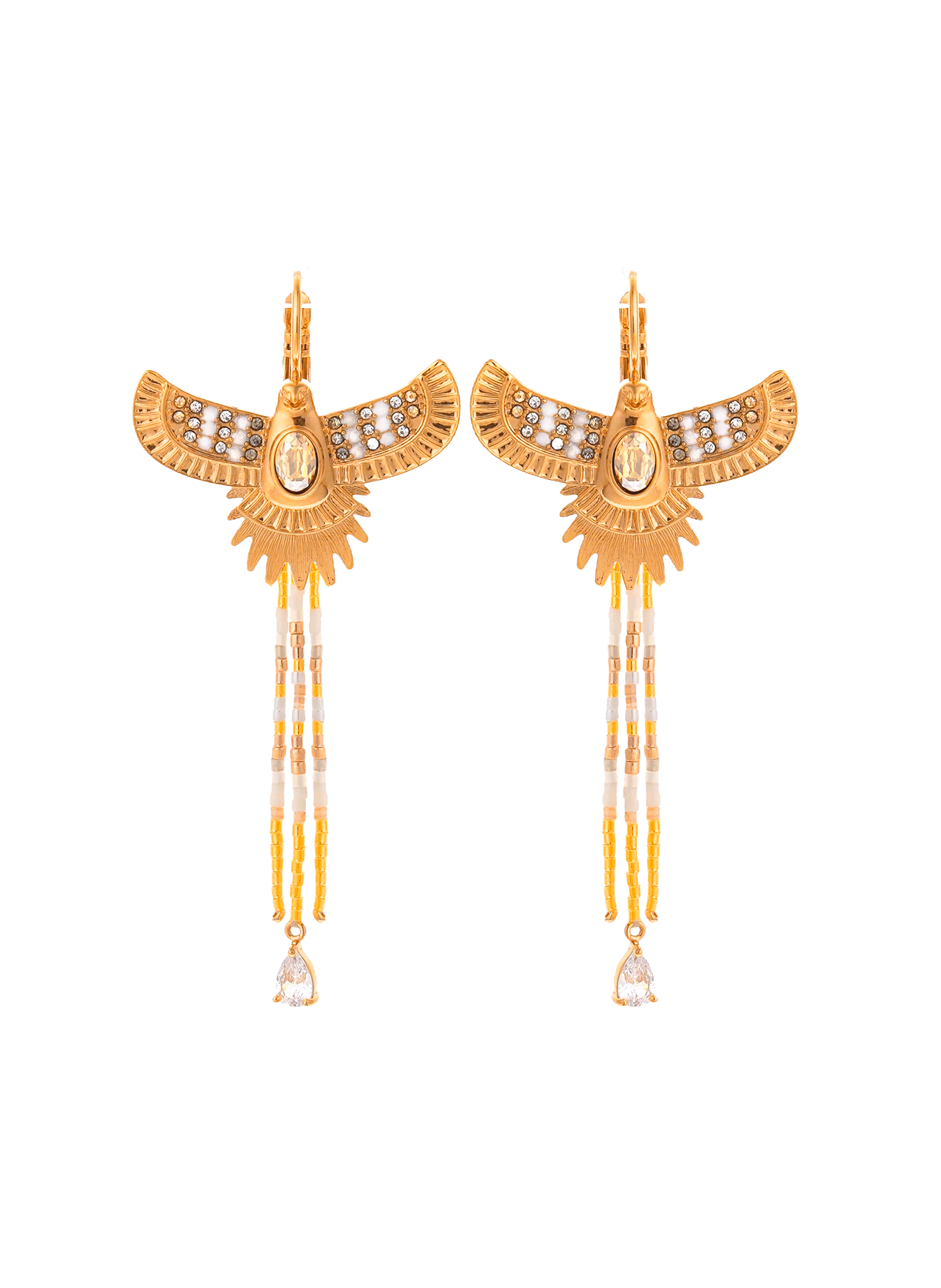 Earrings with central cabochon and pearl chains HIPANEMA White