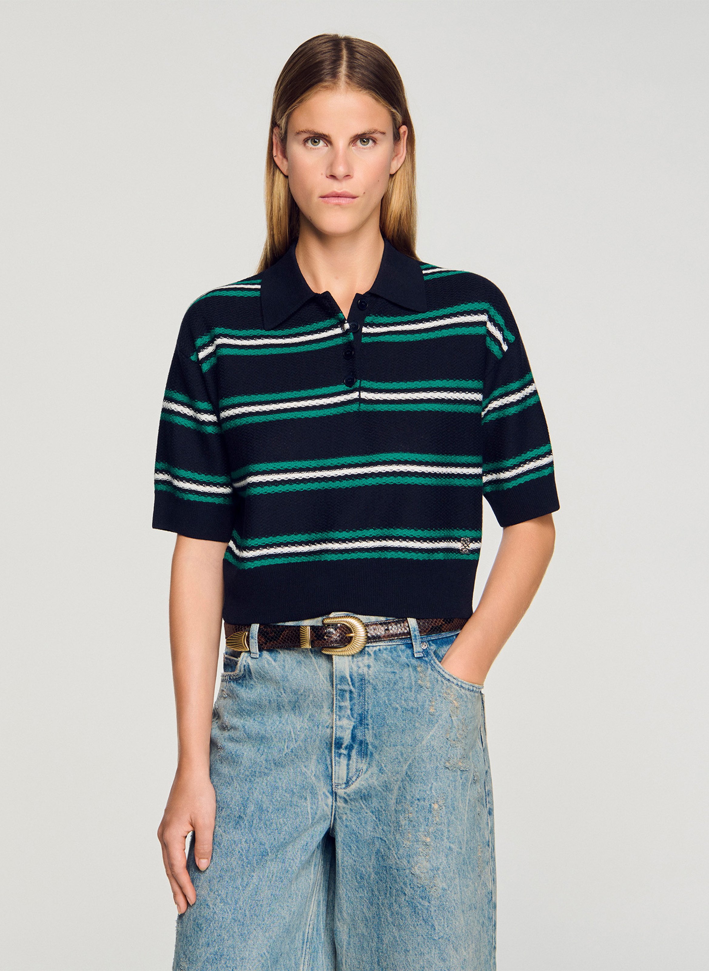 Pull col polo rayé SANDRO Bleu