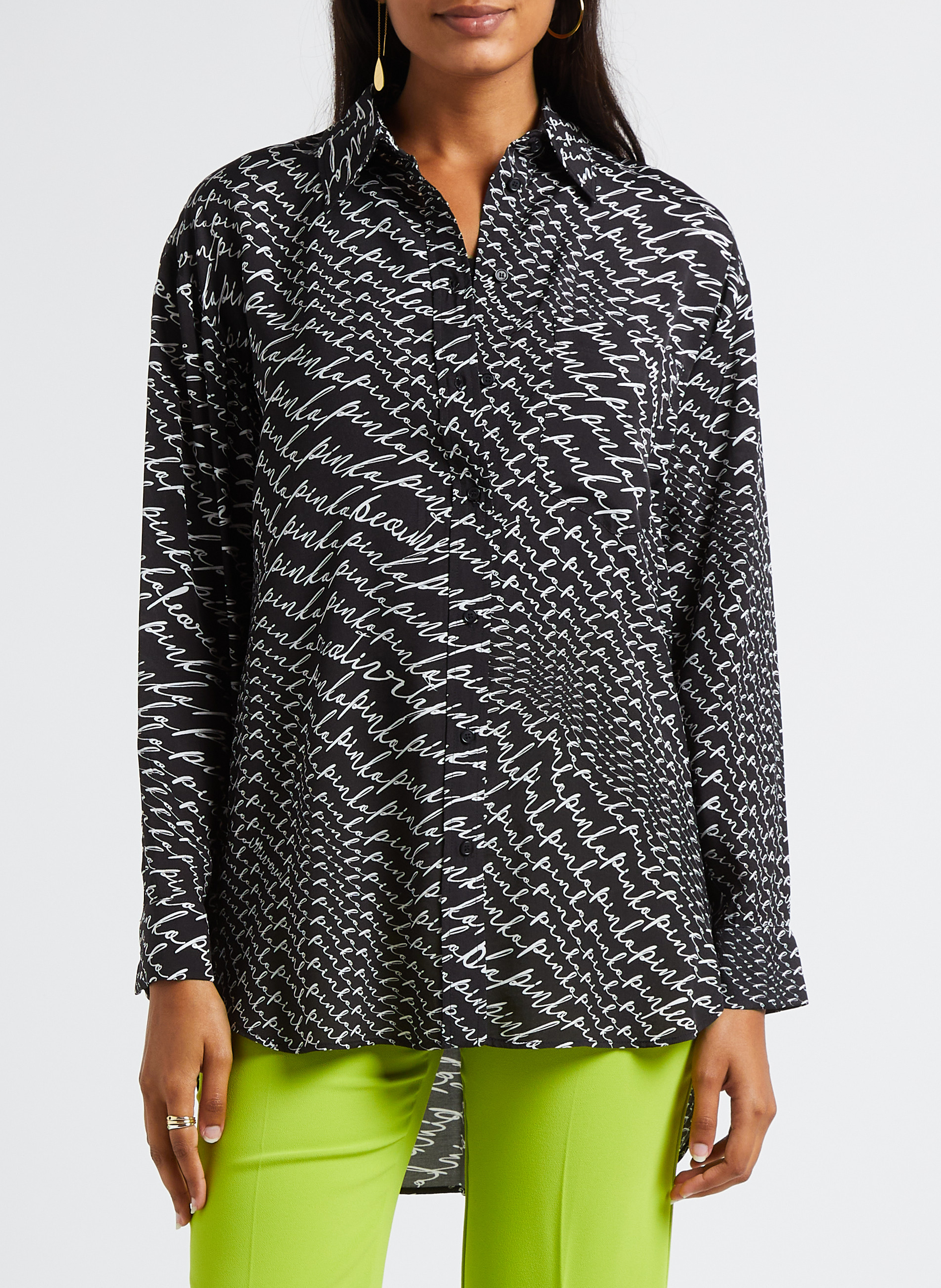 Longline straight-cut shirt with classic collar and logo print PINKO Black