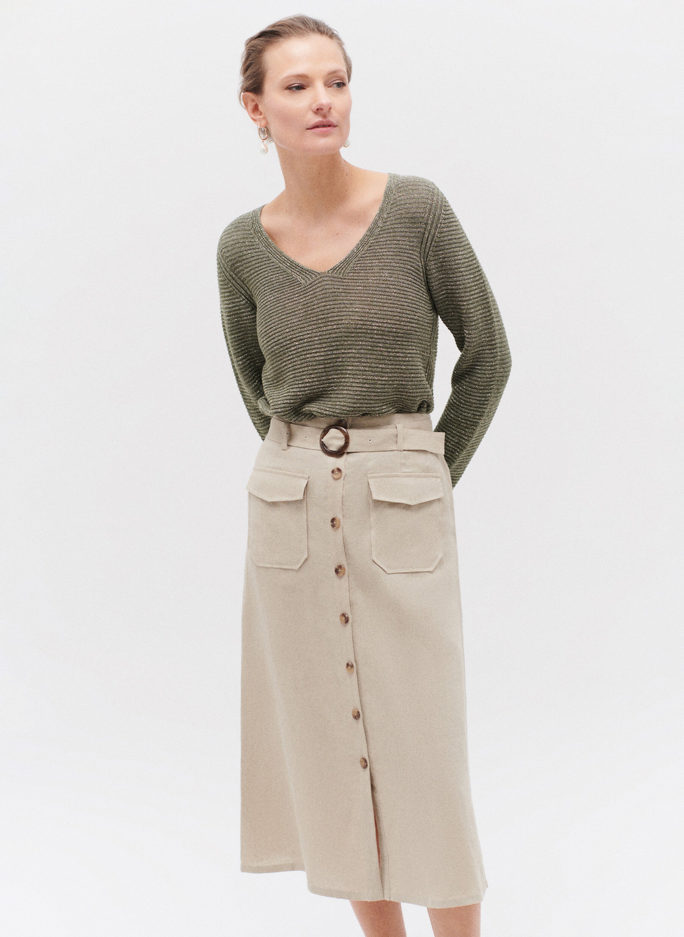 Gerade geschnittener Leinenrock mit hohem Bund und Gürtel CAROLL Braun