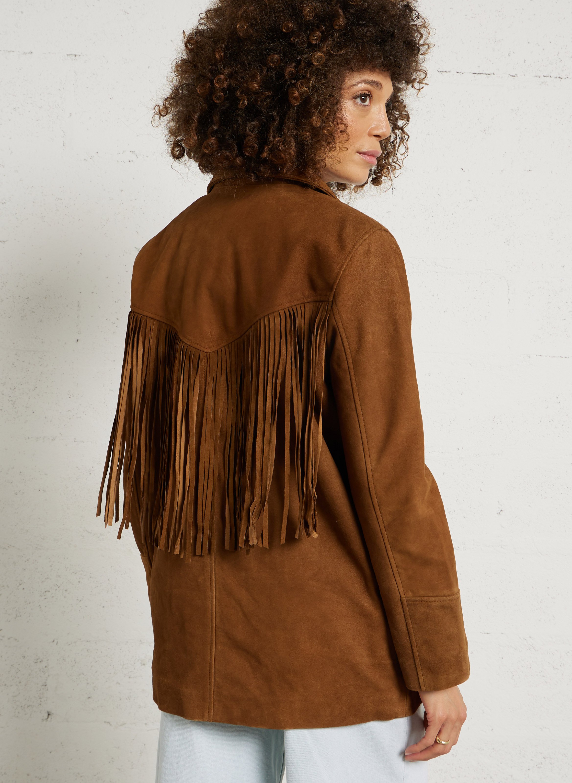 Gerade Wildlederjacke mit Fransen. SCHOTT Rot