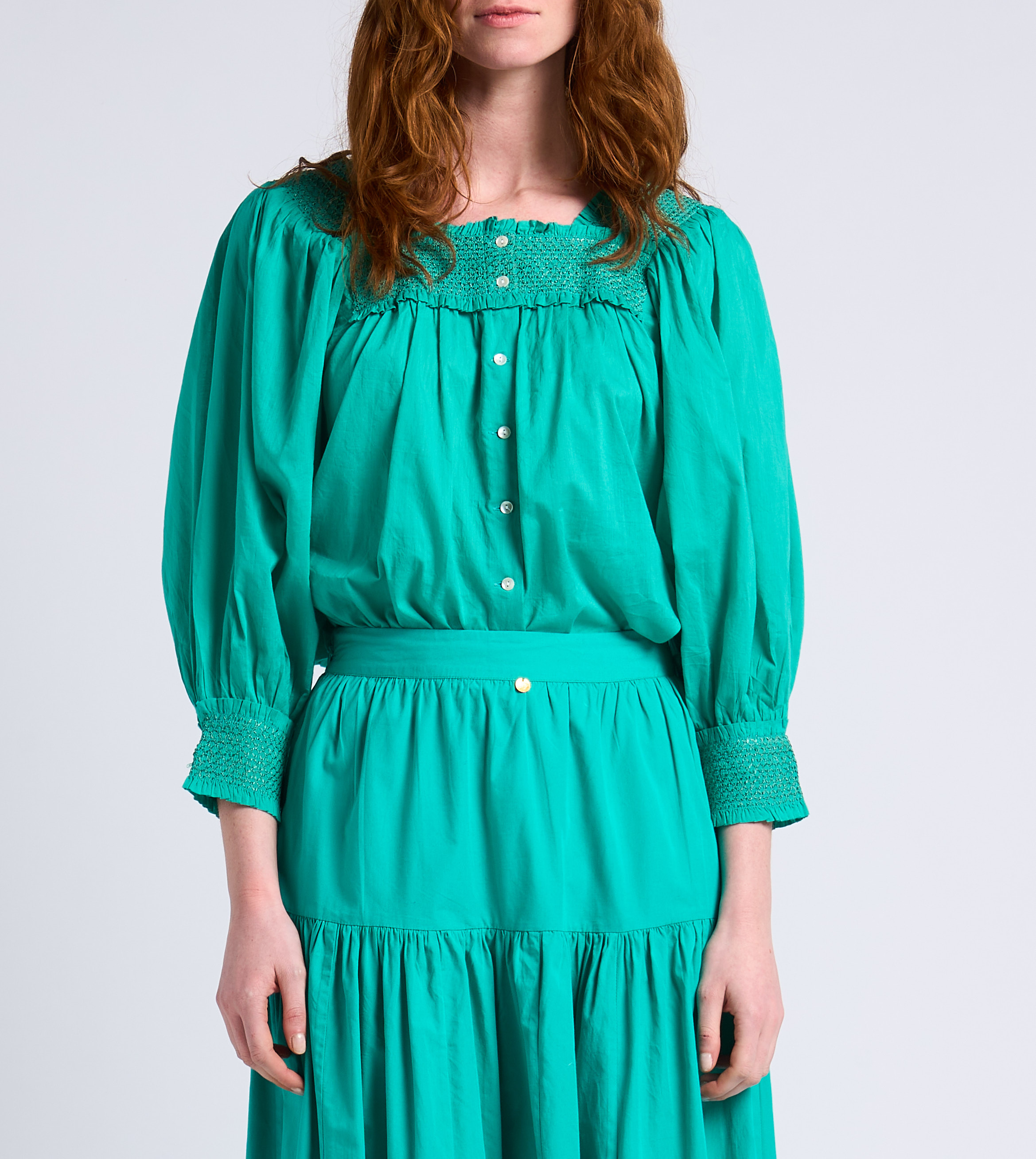 Top col carré à smocks en coton ANTIK BATIK Bleu