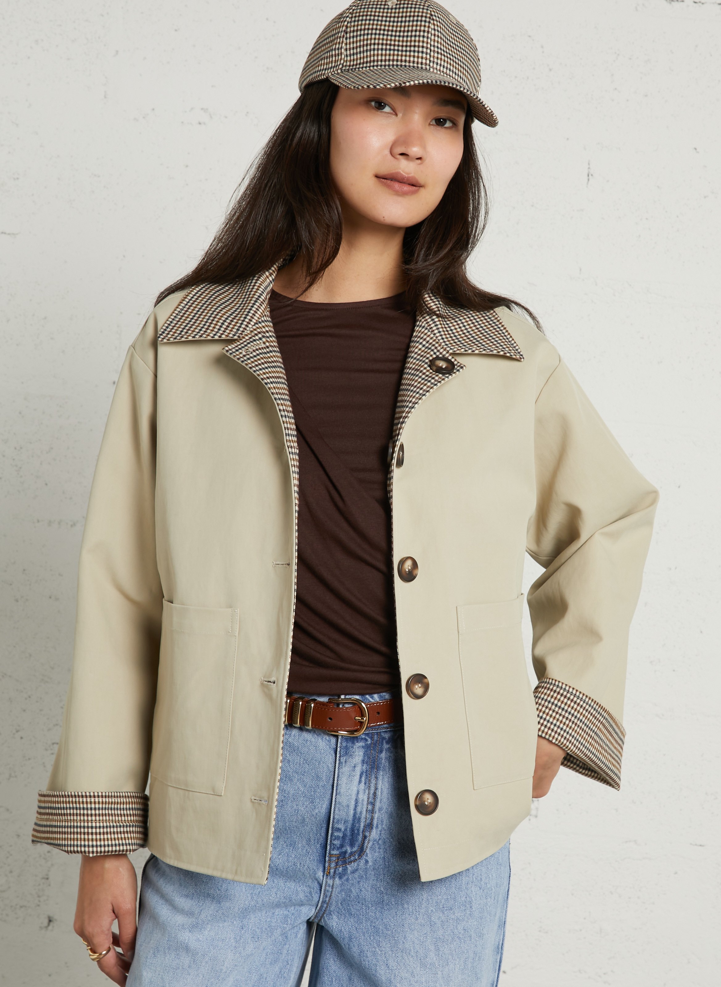 Veste droite col rabattu en coton imprimé SUNCOO Beige