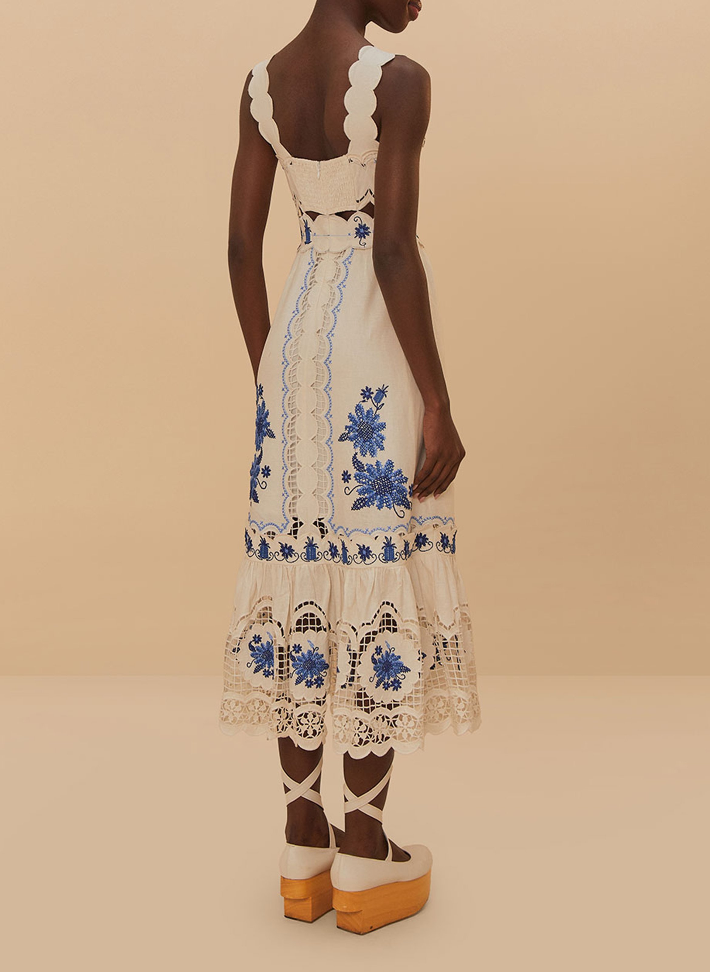 Long embroidered linen blend dress FARM RIO White