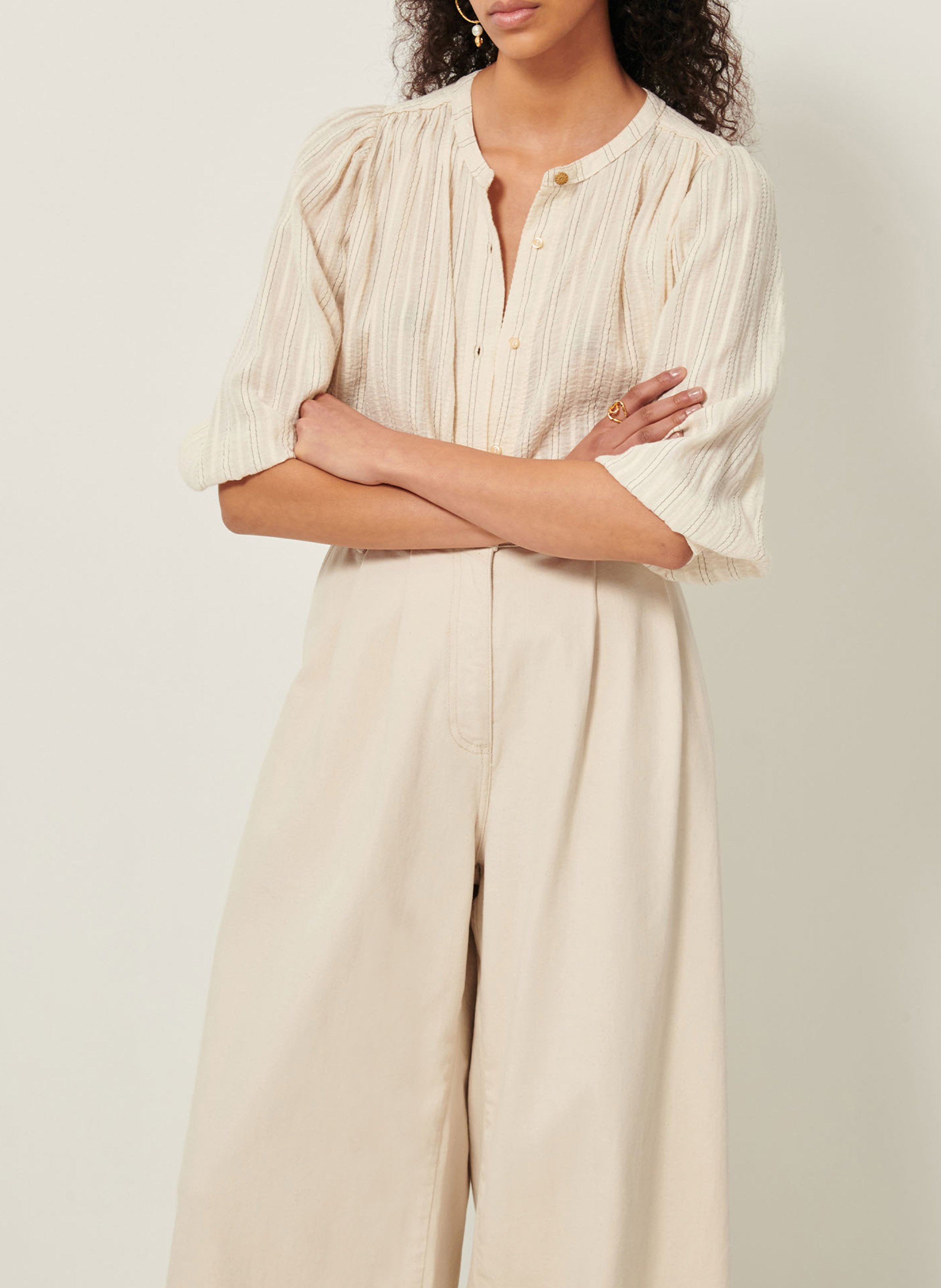 Loose-fit organic cotton shirt with mandarin collar Beige