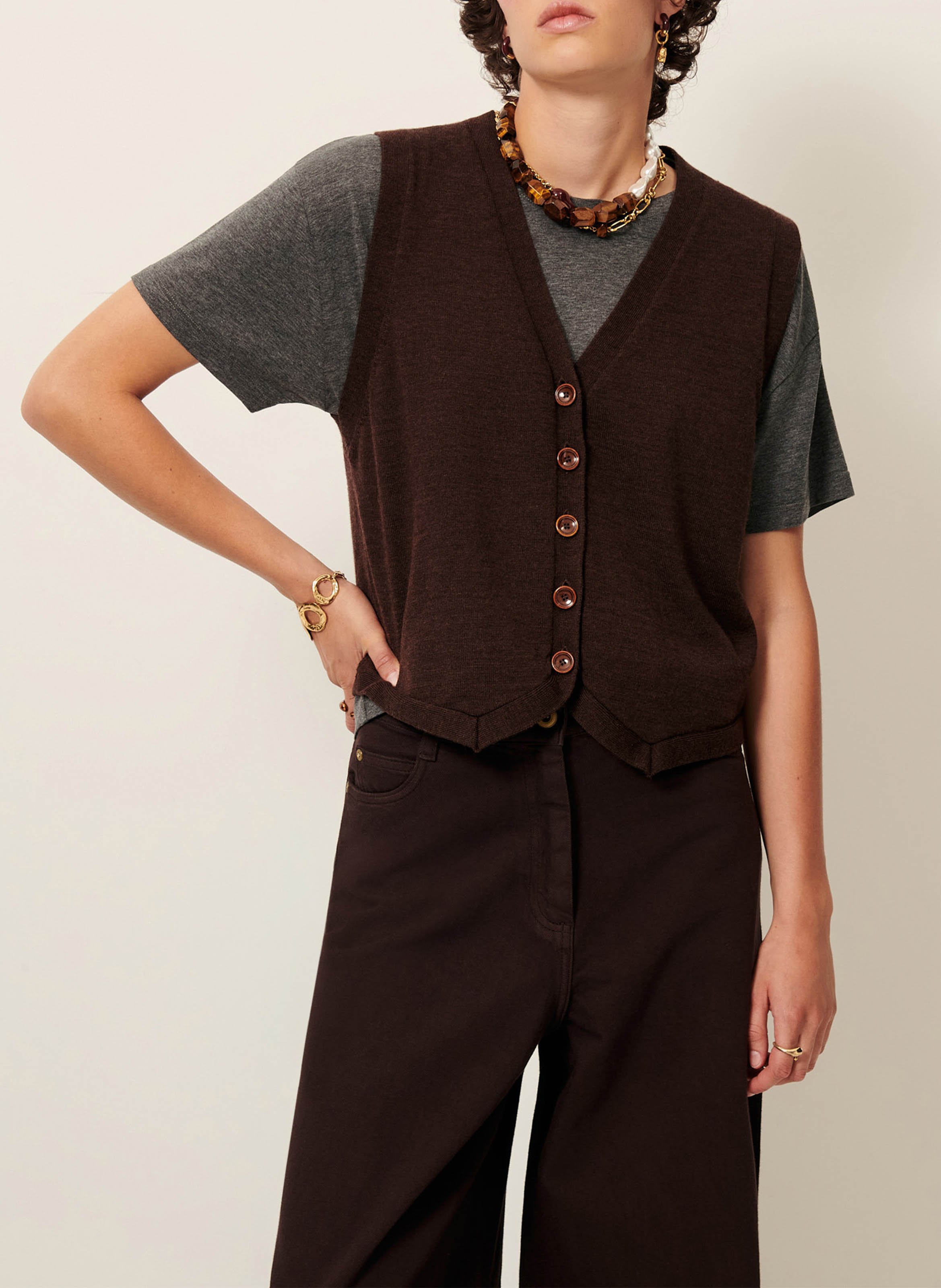 Gilet col v en laine SESSUN Marron
