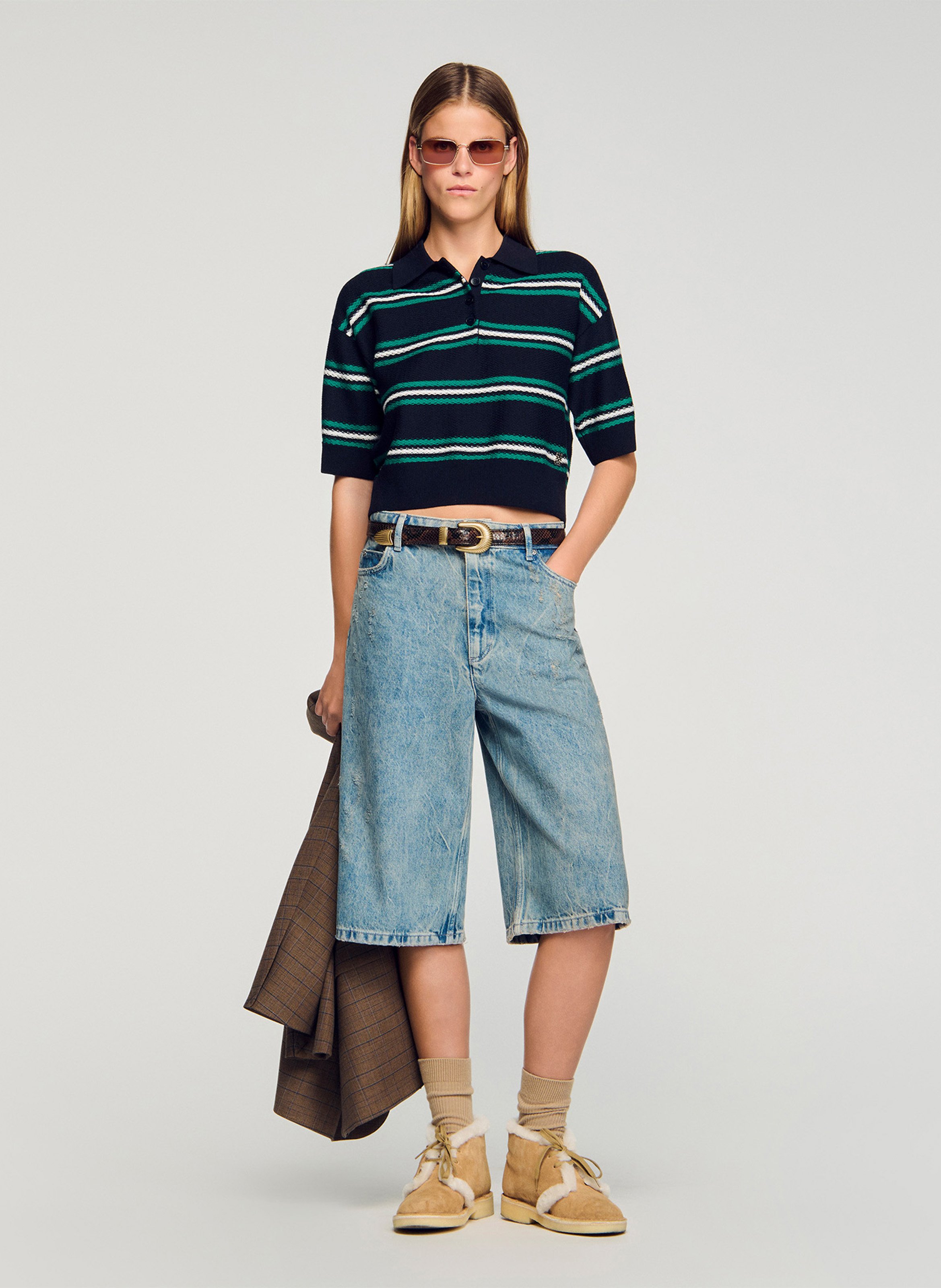 Pull col polo rayé SANDRO Bleu