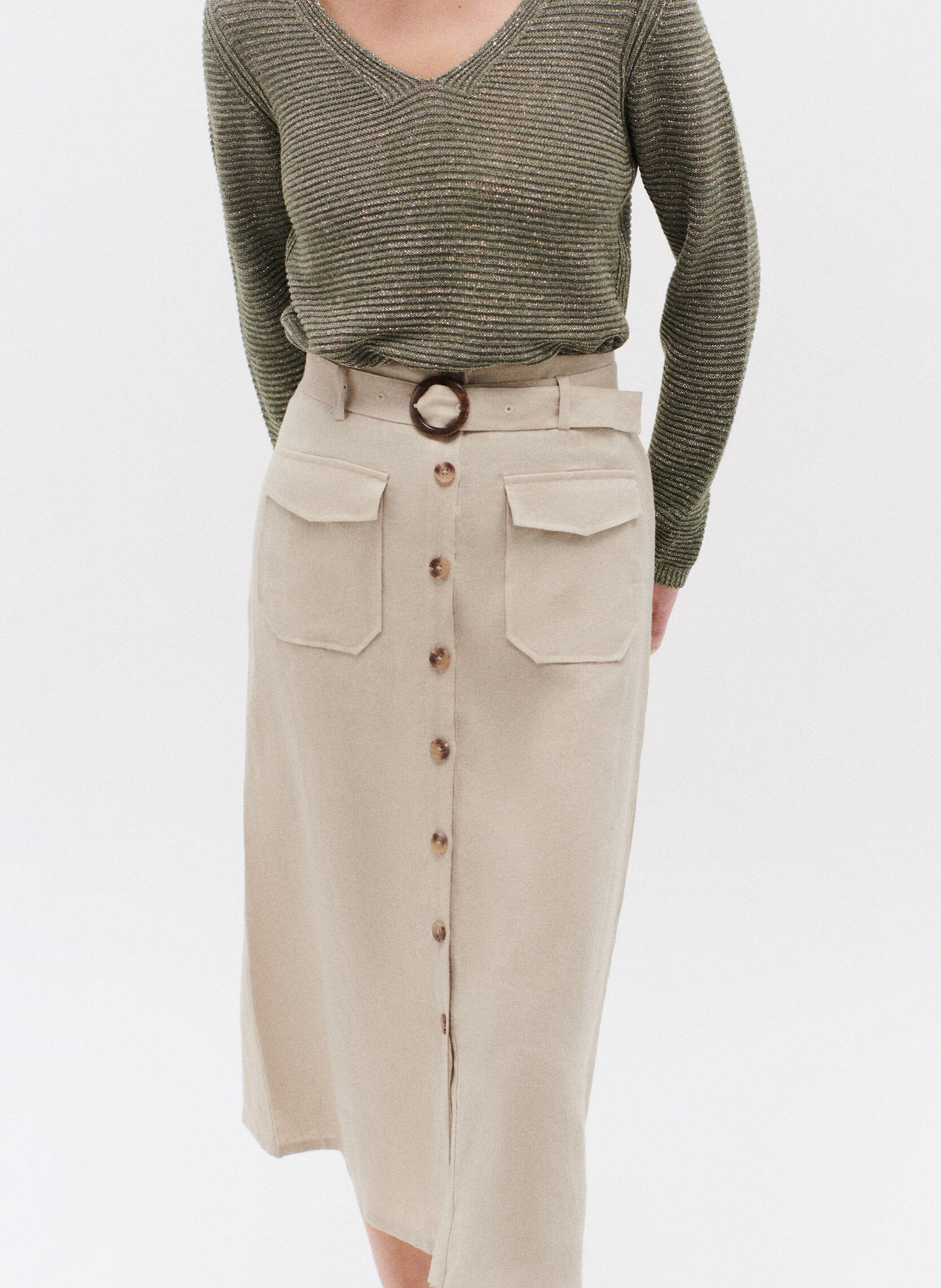 Gerade geschnittener Leinenrock mit hohem Bund und Gürtel CAROLL Braun