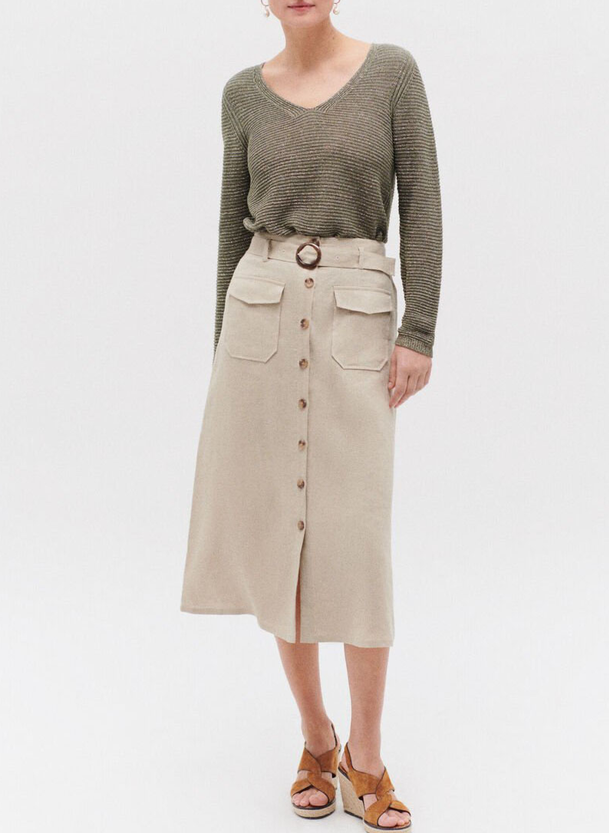 Jupe droite taille haute en lin CAROLL Marron