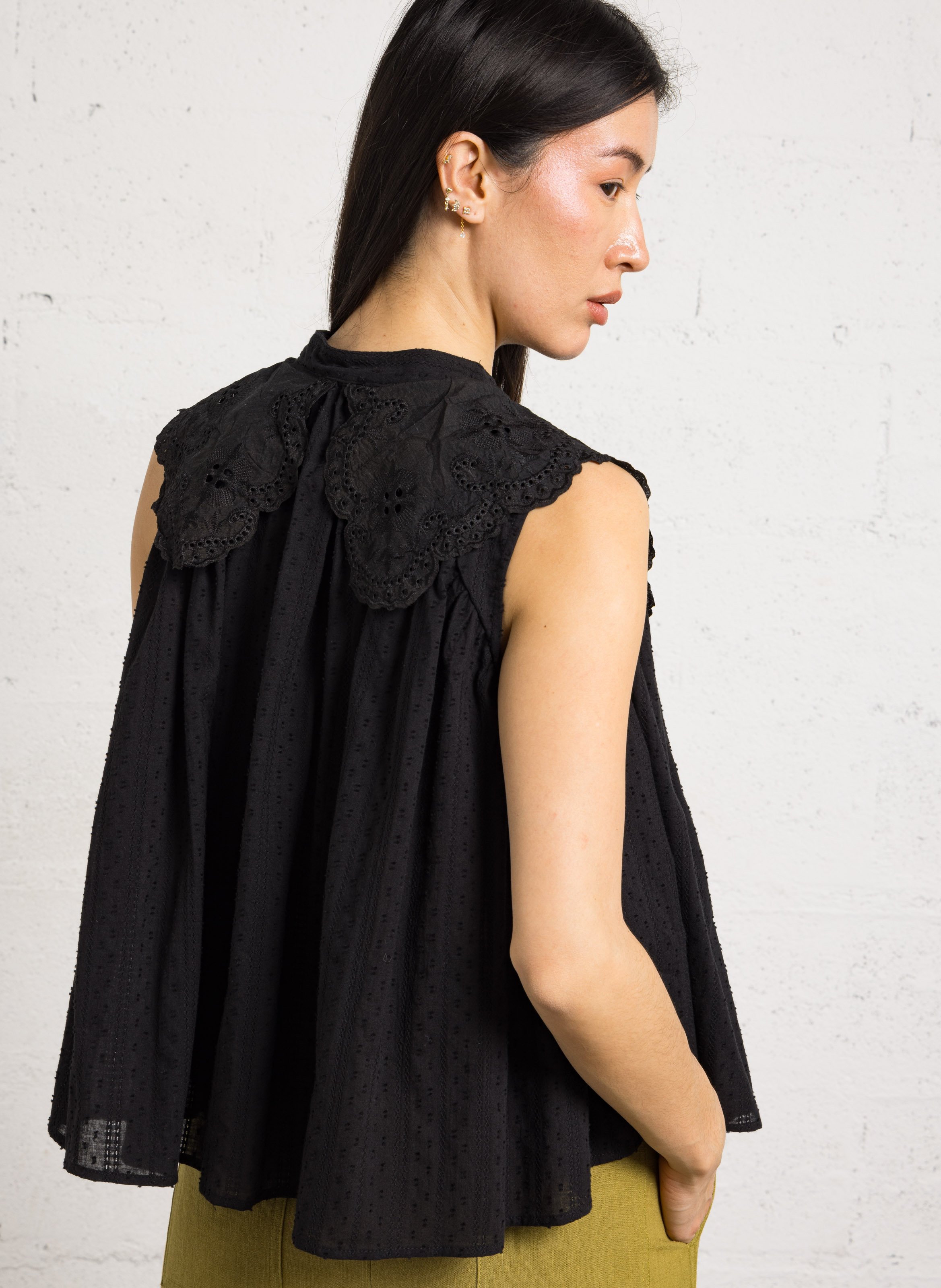 Oversized cotton embroidered mandarin collar top SEE U SOON Black