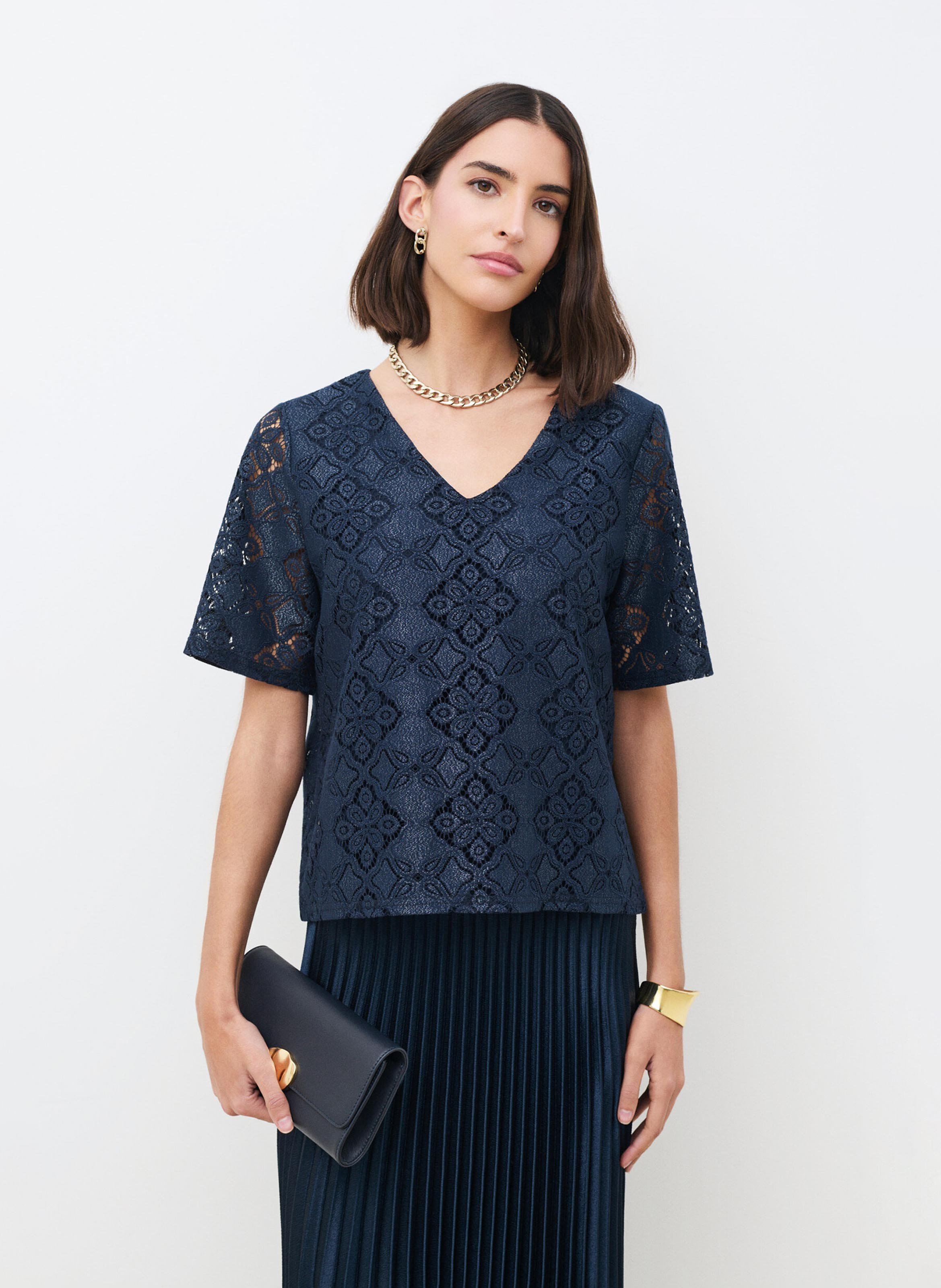 Top droit col V en dentelle CAROLL Bleu