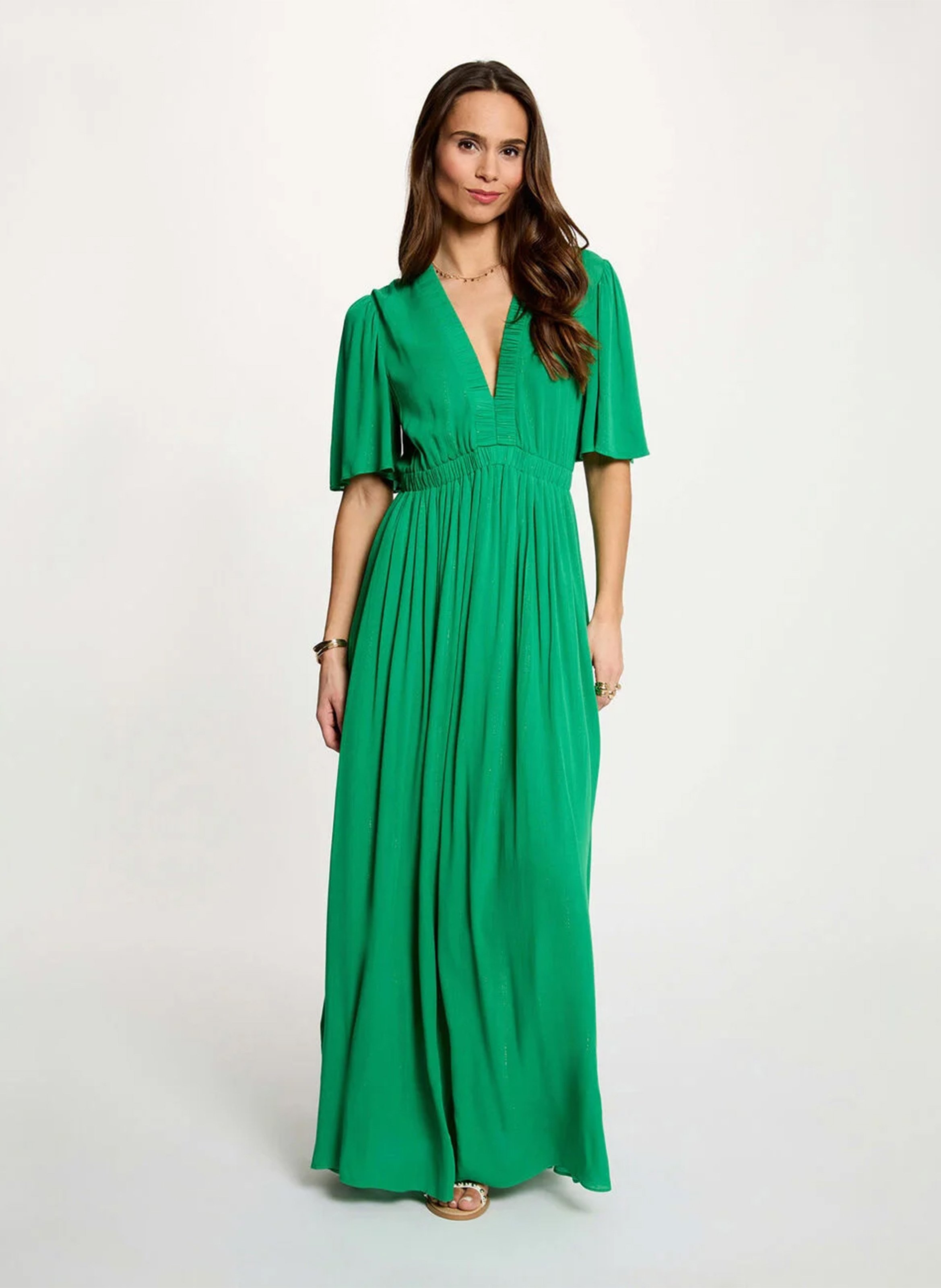 Long fluid V-neck solid dress MORGAN Green