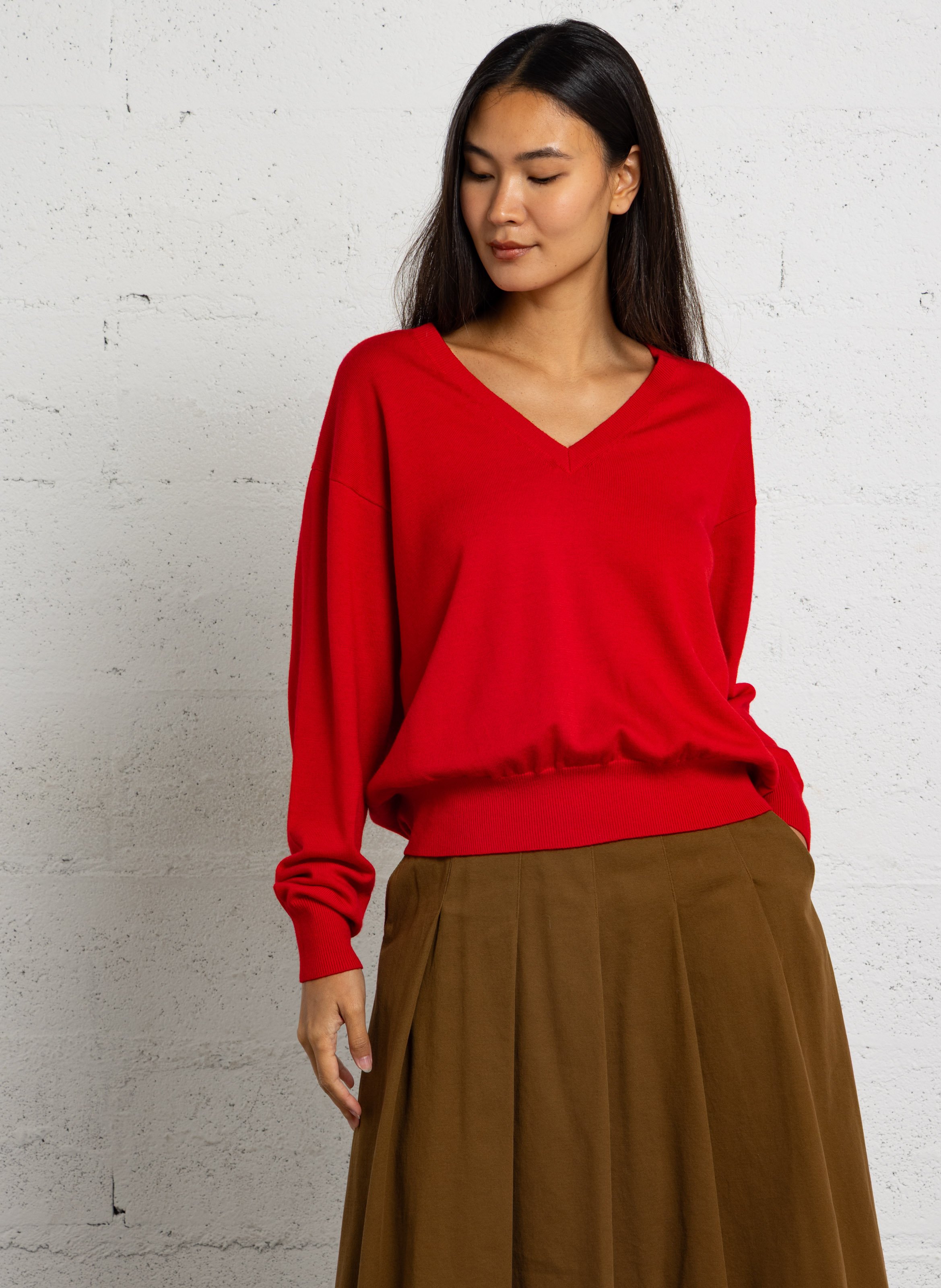 Pull à col v en laine LAURENCE BRAS Rouge