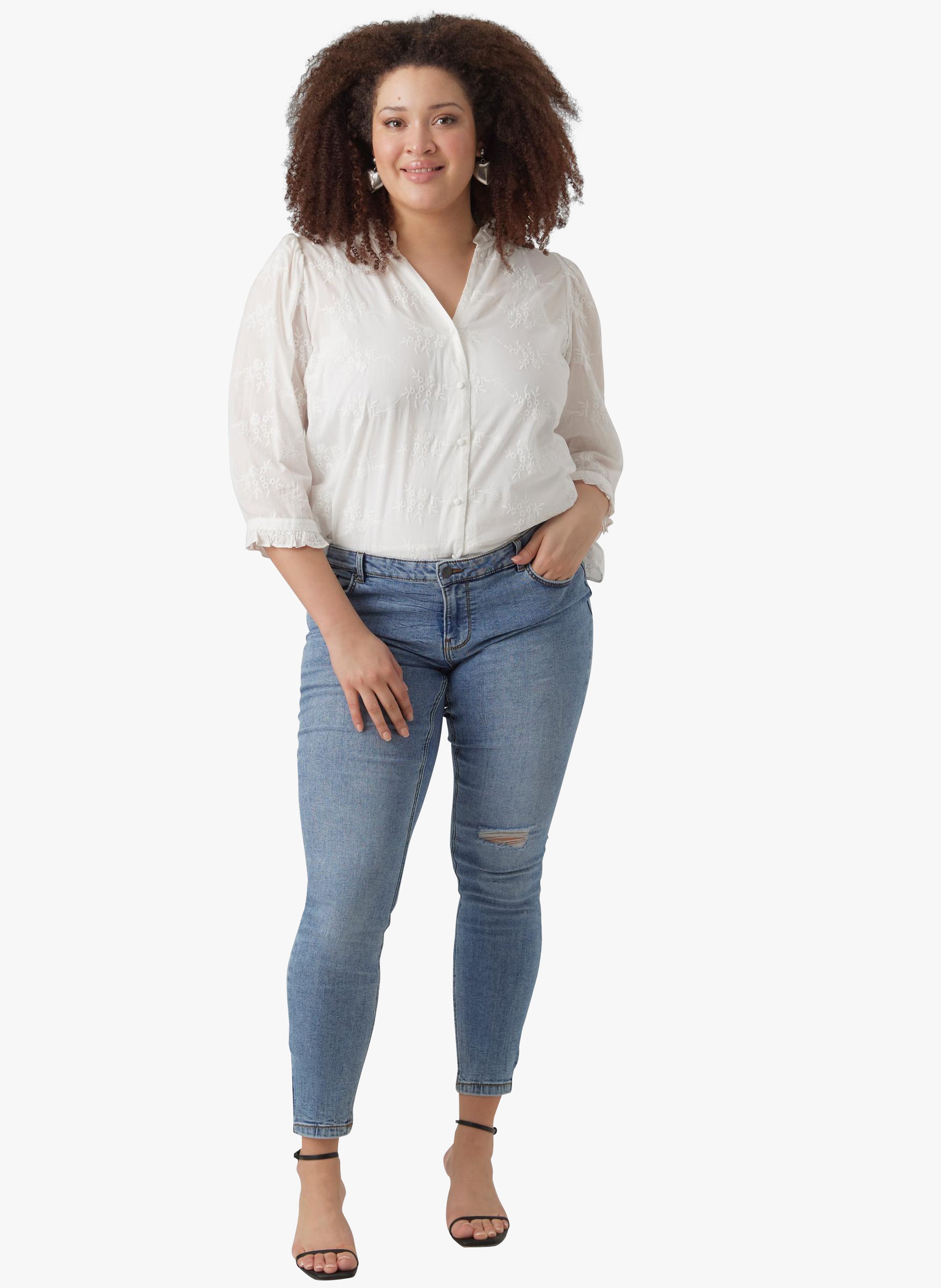 Gerade geschnittenes Baumwollhemd mit V-Ausschnitt und Stickerei Weiss