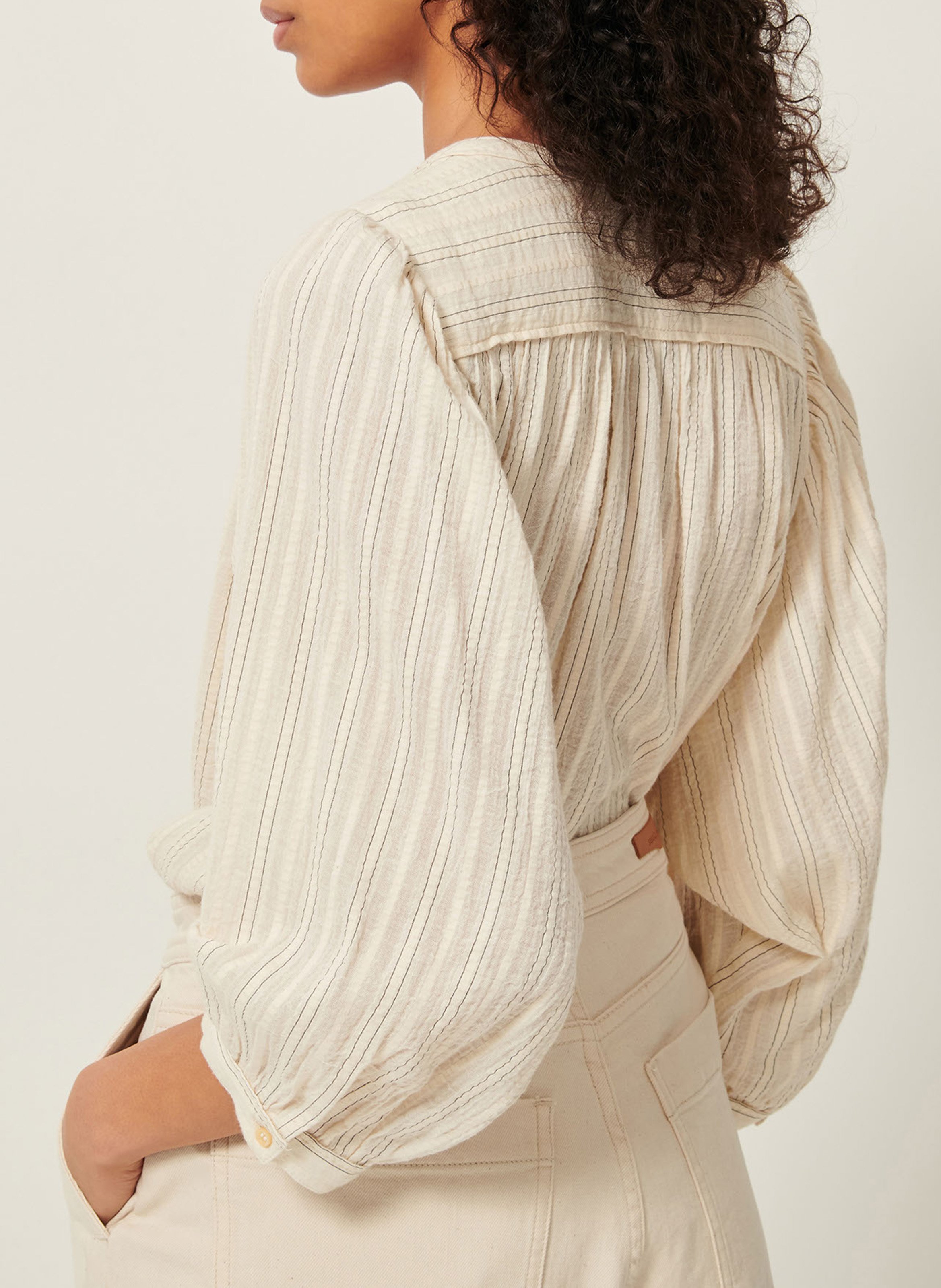 Loose-fit organic cotton shirt with mandarin collar Beige