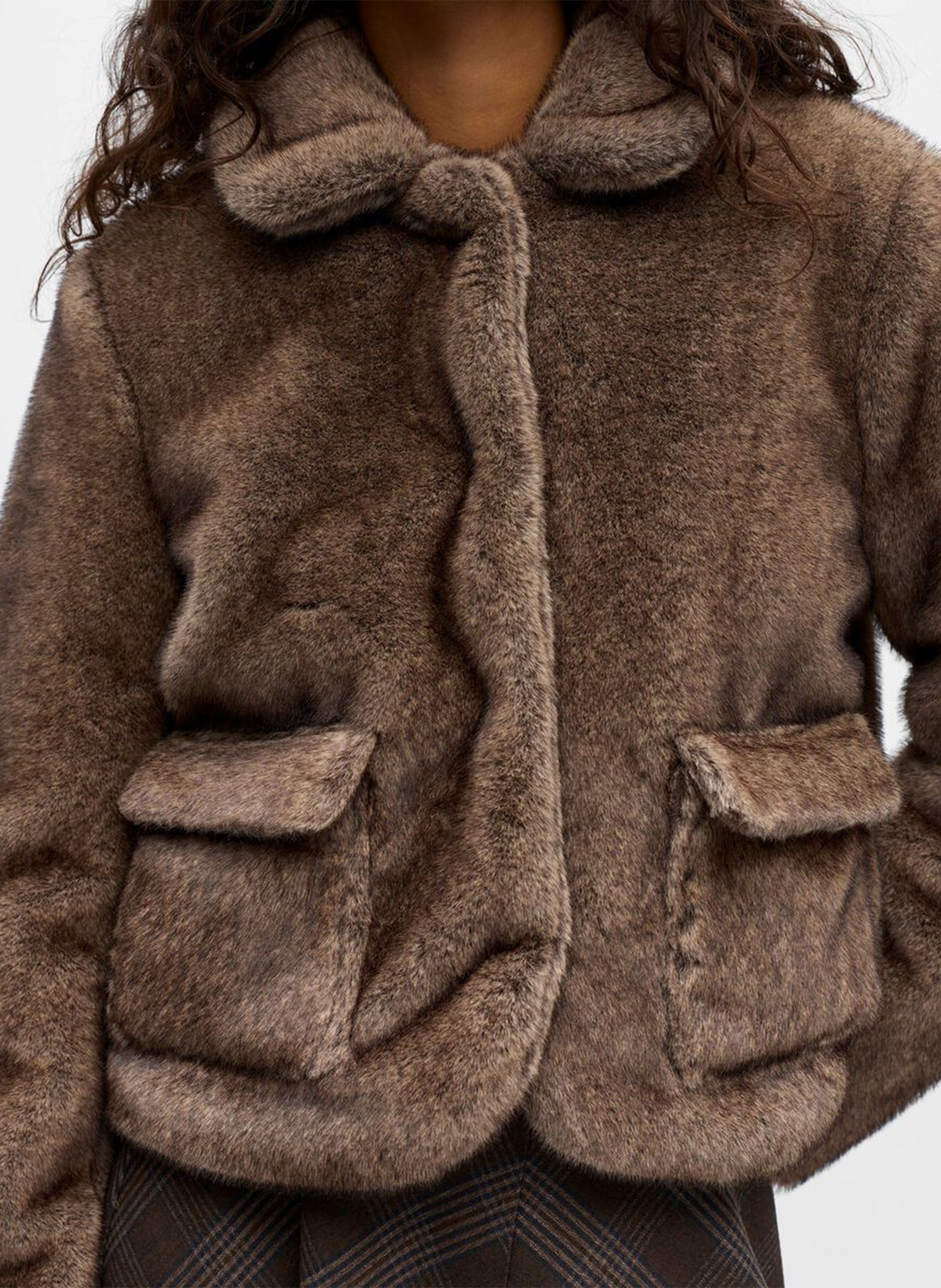 Manteau droit col classique en fourrure synthétique OBJECT Marron