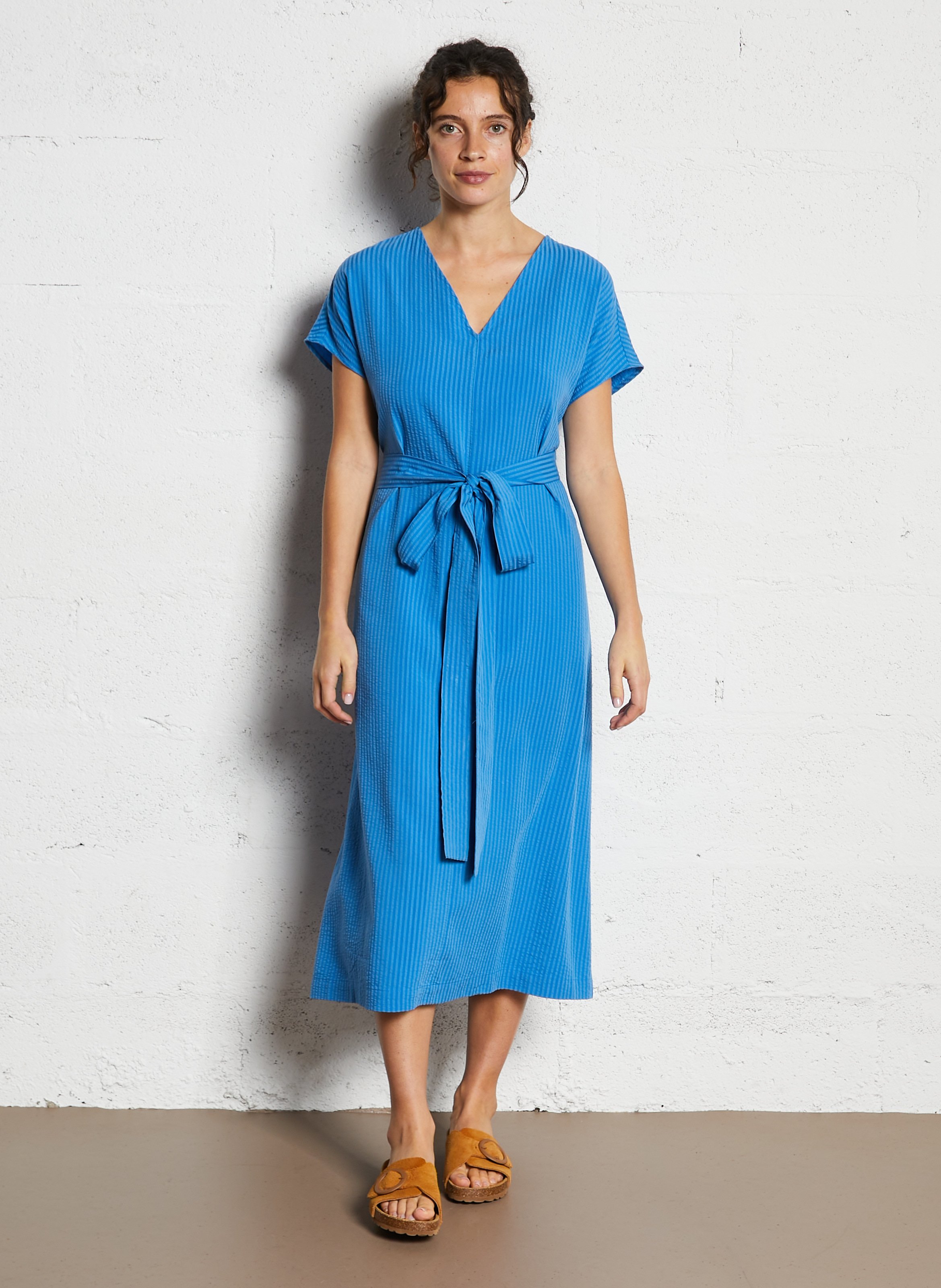 Round-neck linen-blend midi dress NICE THINGS Blue