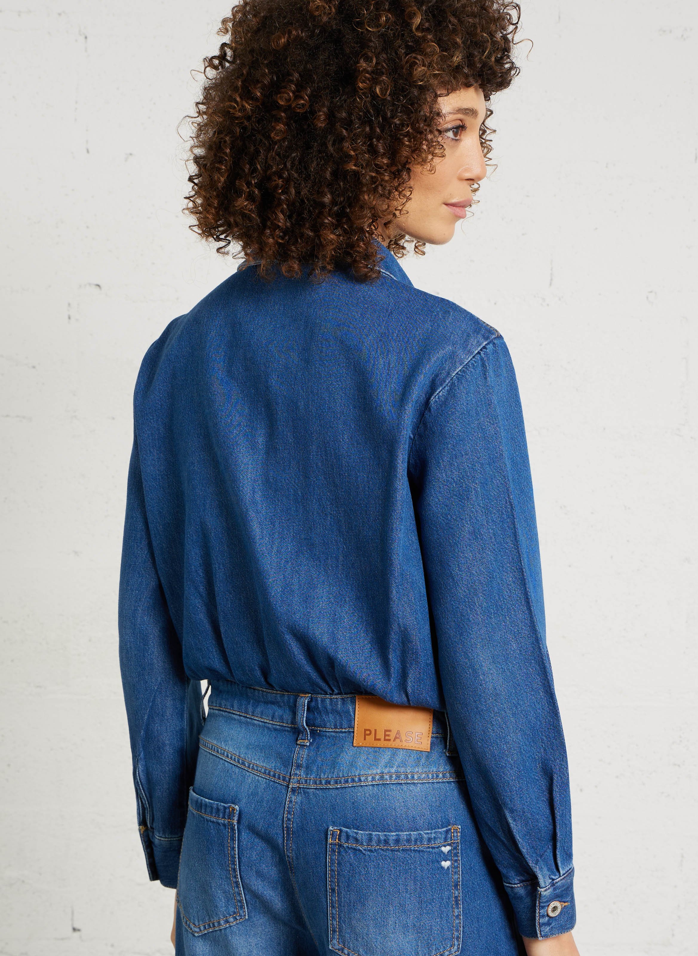 Straight cotton-blend jumpsuit with classic collar PLEASE Blue