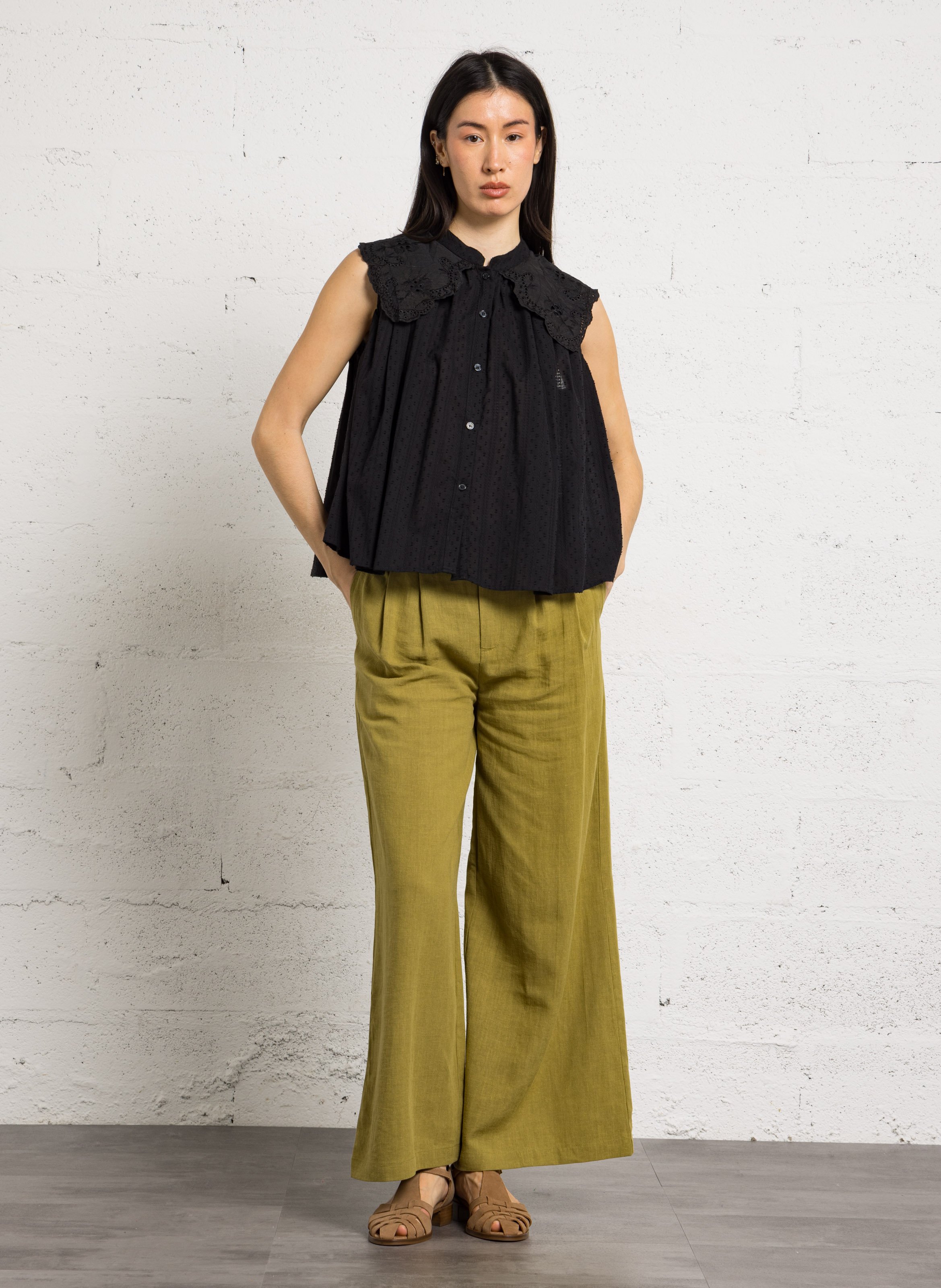 Oversized cotton embroidered mandarin collar top SEE U SOON Black