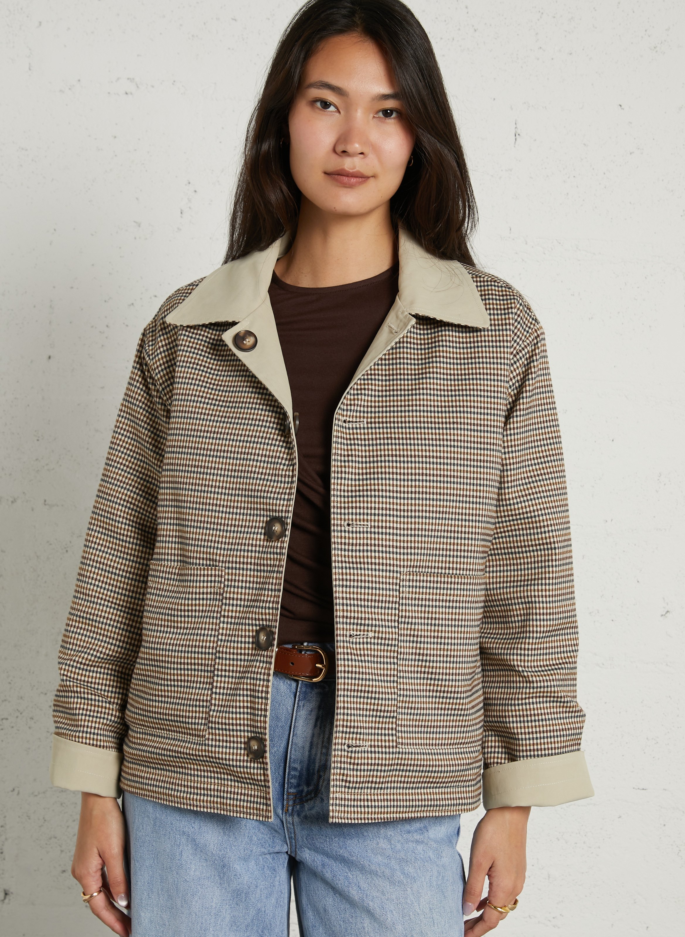 Veste droite col rabattu en coton imprimé SUNCOO Beige