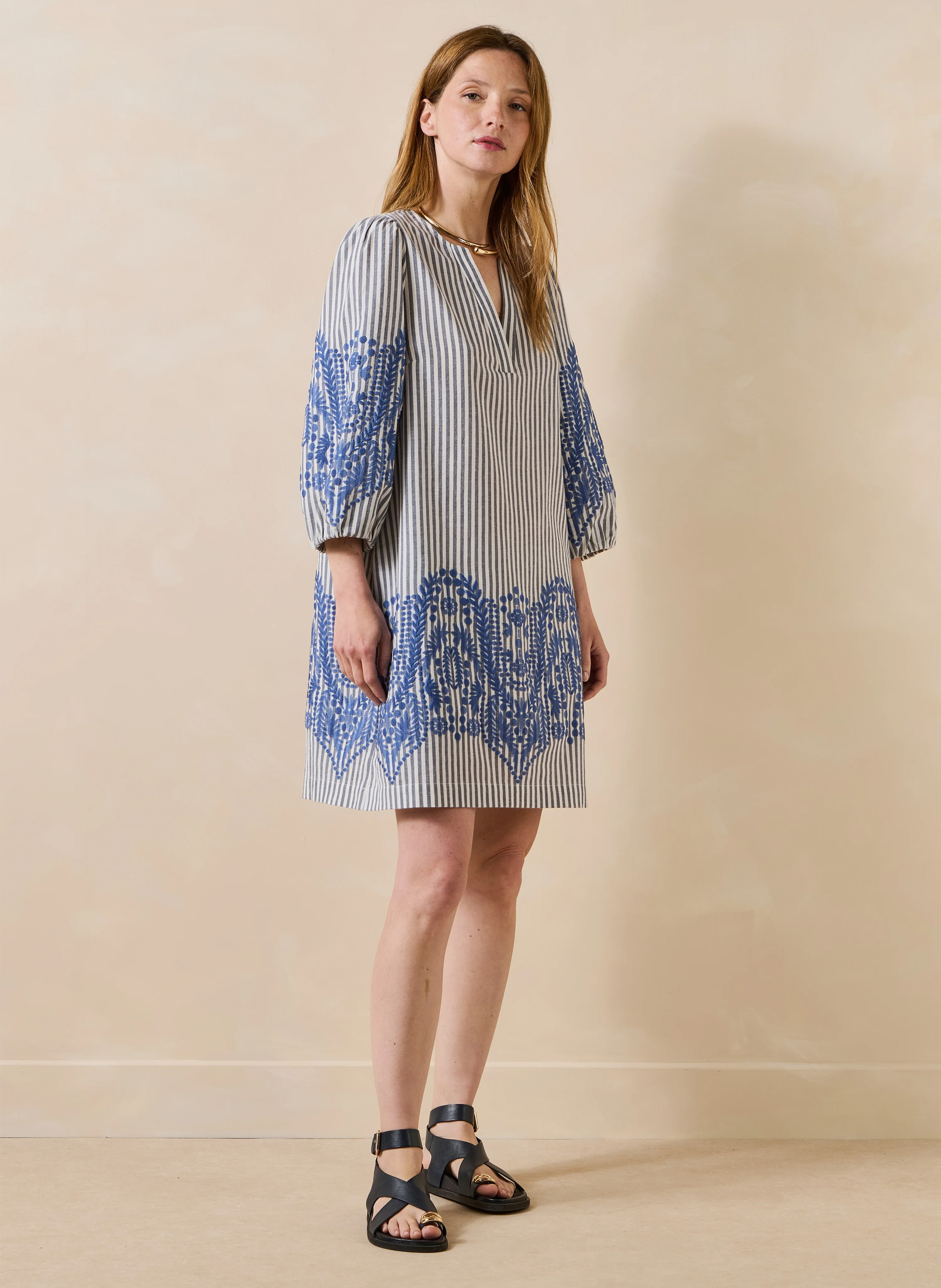 Robe courte col tunisien en coton bio mélangé LA FEE MARABOUTEE Bleu