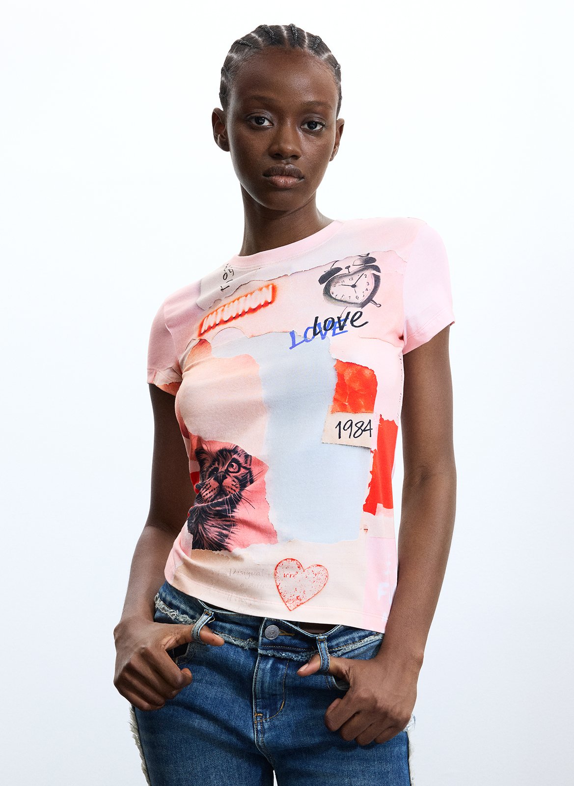 Tee-shirt droit col rond imprimé DESIGUAL Rouge