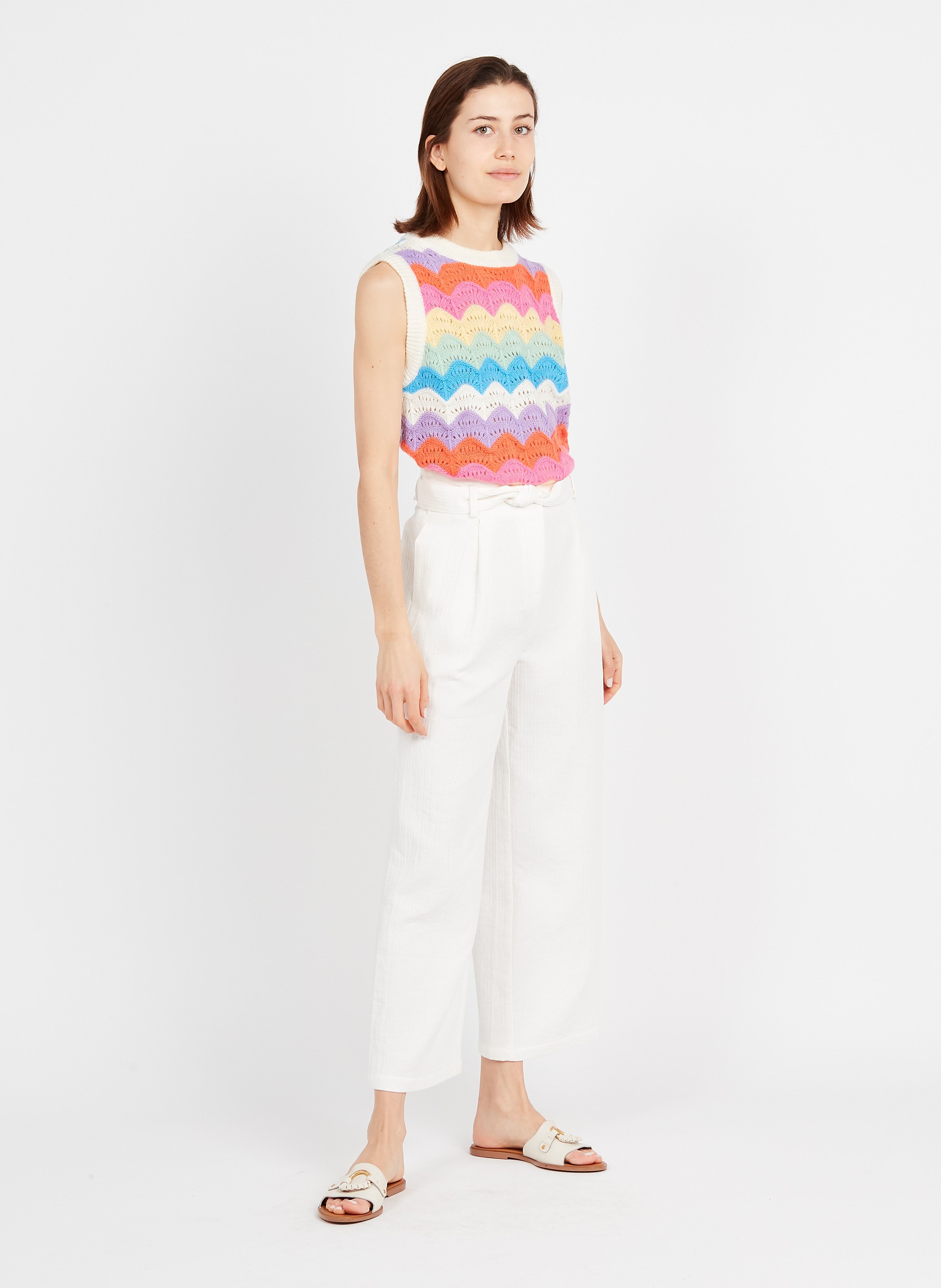 Pantaloni Larghi A Vita Alta In Garza Di Cotone Blanc Frnch - Donna | Place  des Tendances