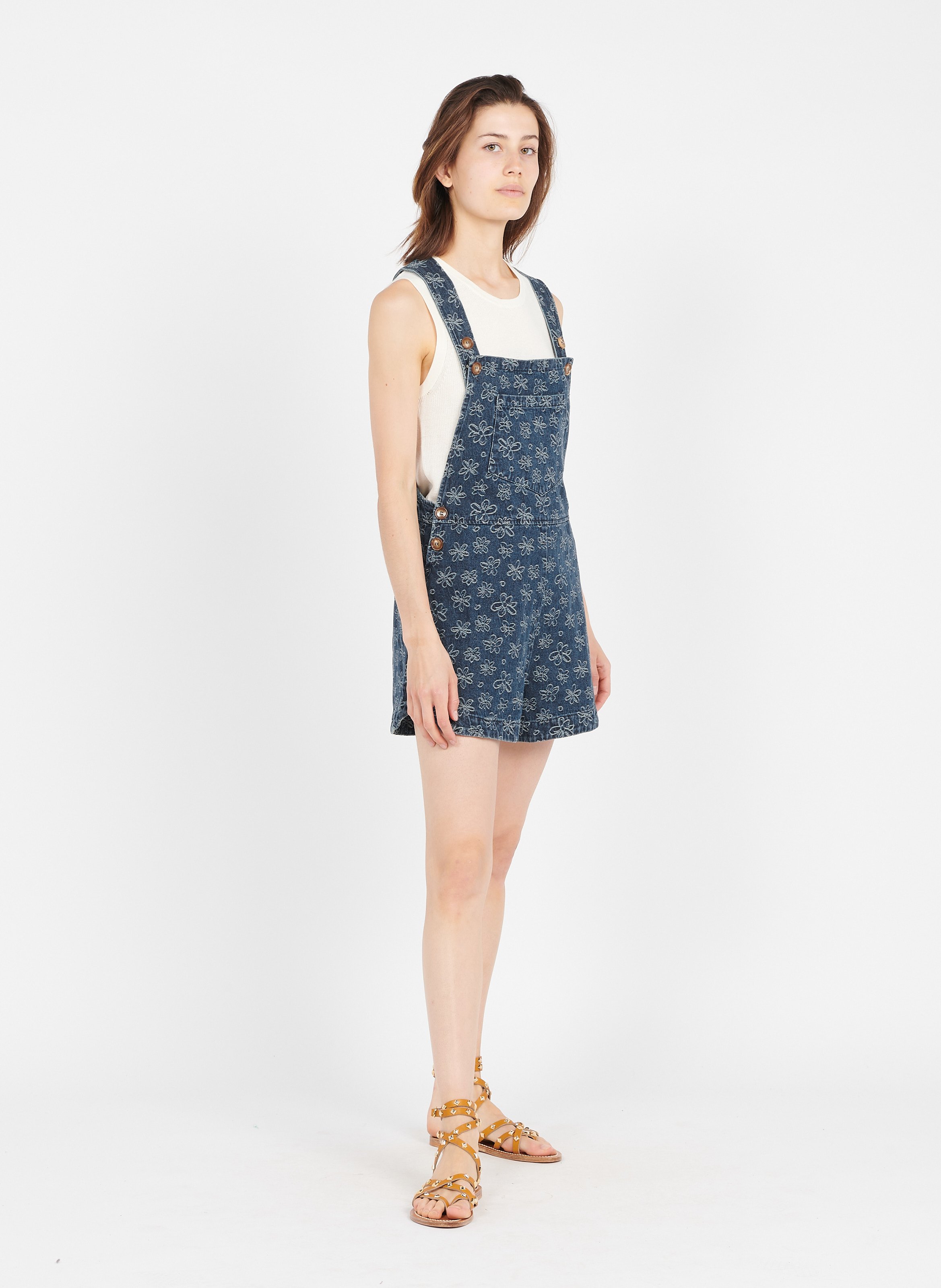 Salopette Corta Stampata In Jeans Bleu Jean Frnch - Donna | Place des  Tendances