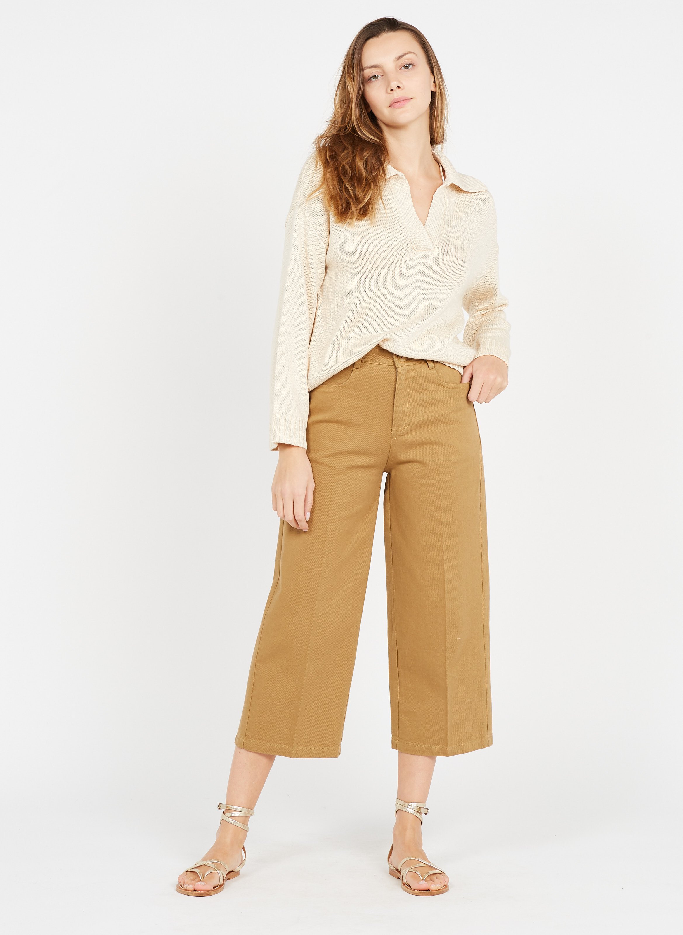 Pantaloni Larghi A Vita Alta In Cotone Taupe Grace Et Mila - Donna | Place  des Tendances
