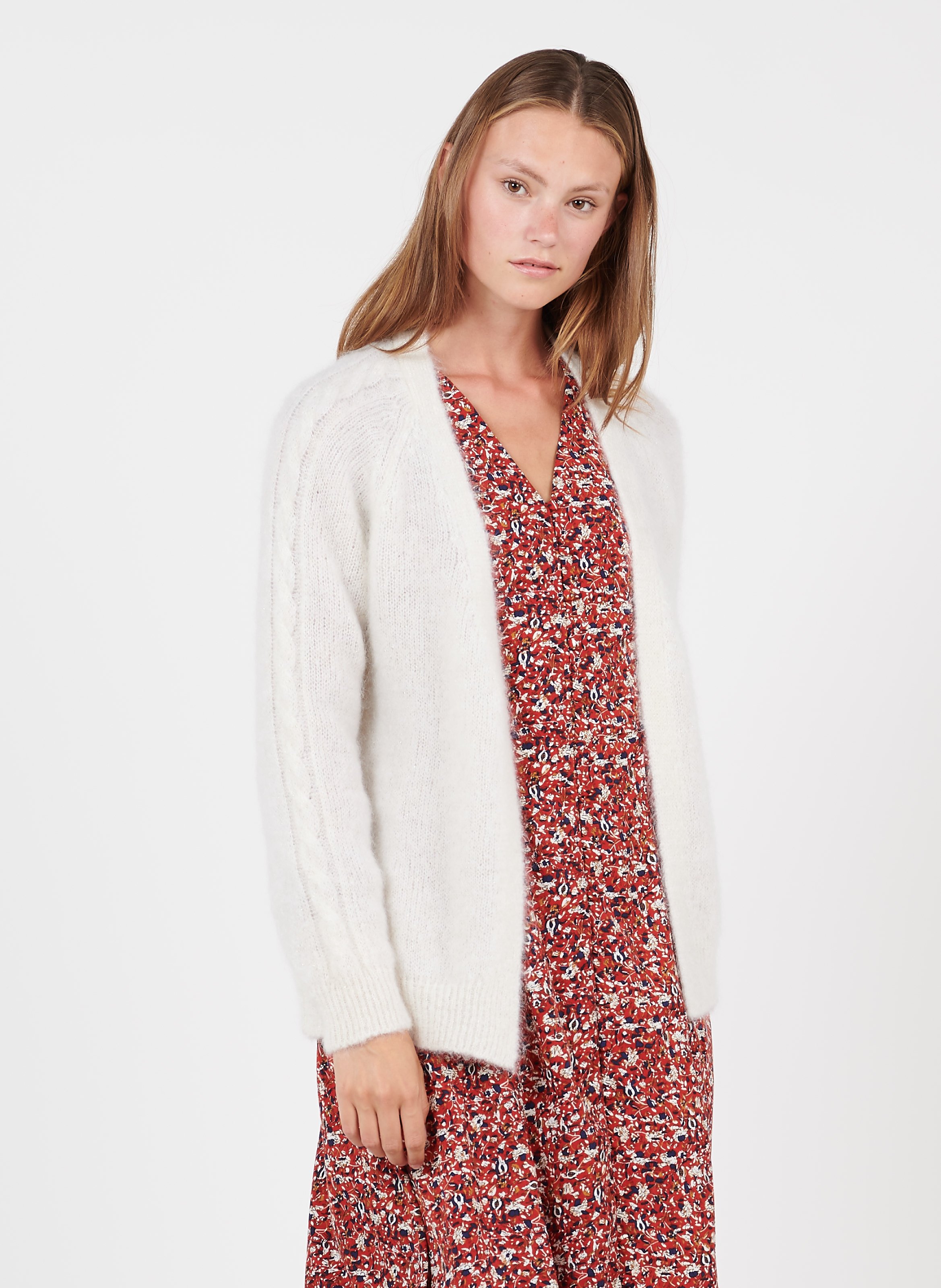 Cardigan in lino e mohair, denim e roccia