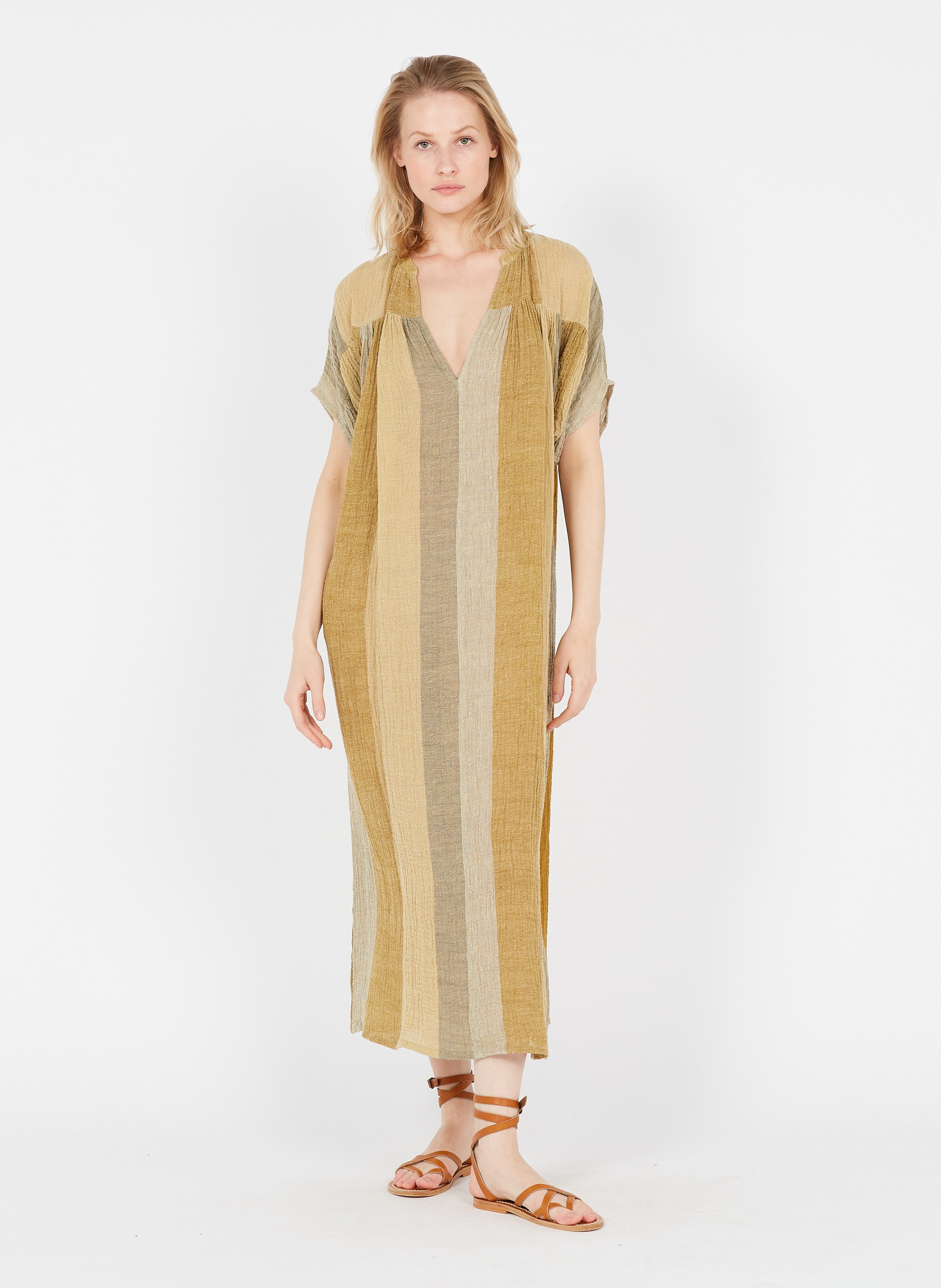Abito Lungo Collo Serafino A Righe In Misto Lino Dijon Masscob - Donna |  Place des Tendances