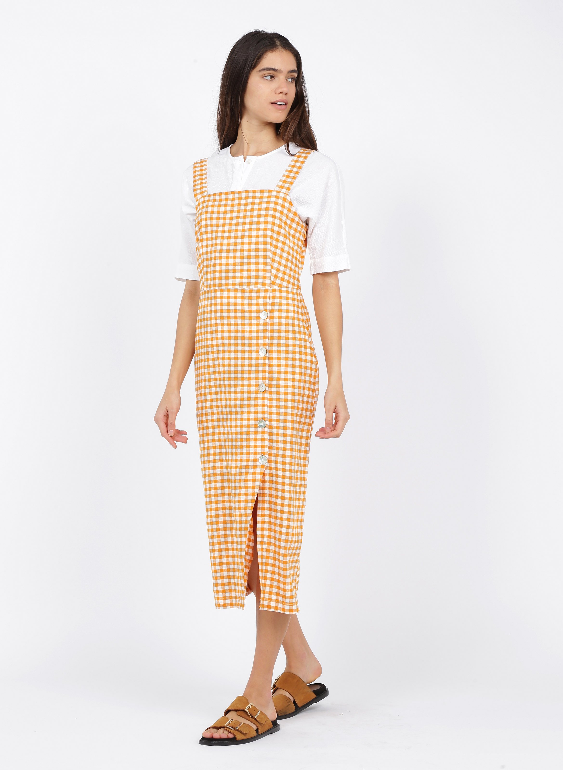 Abito Midi Con Stampa Vichy In Misto Lino Pêche Foncée Nice Things - Donna  | Place des Tendances