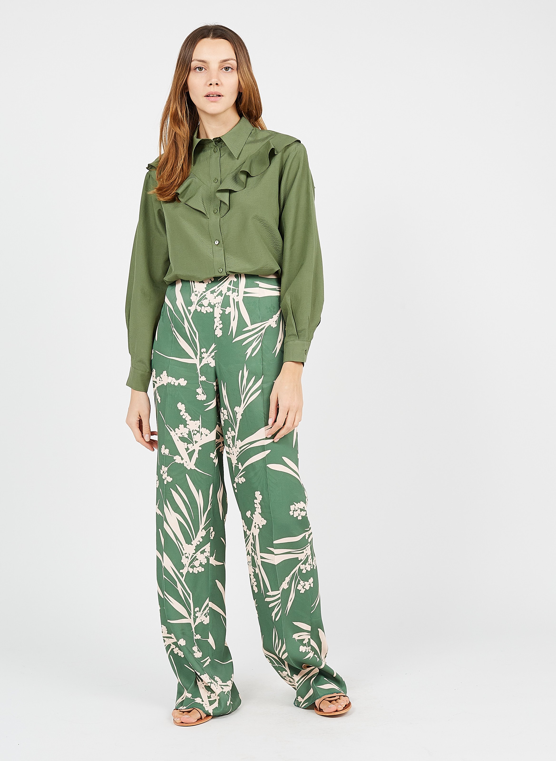 Pantaloni Larghi A Vita Alta Stampati Sage Green Pattern Pennyblack - Donna  | Place des Tendances