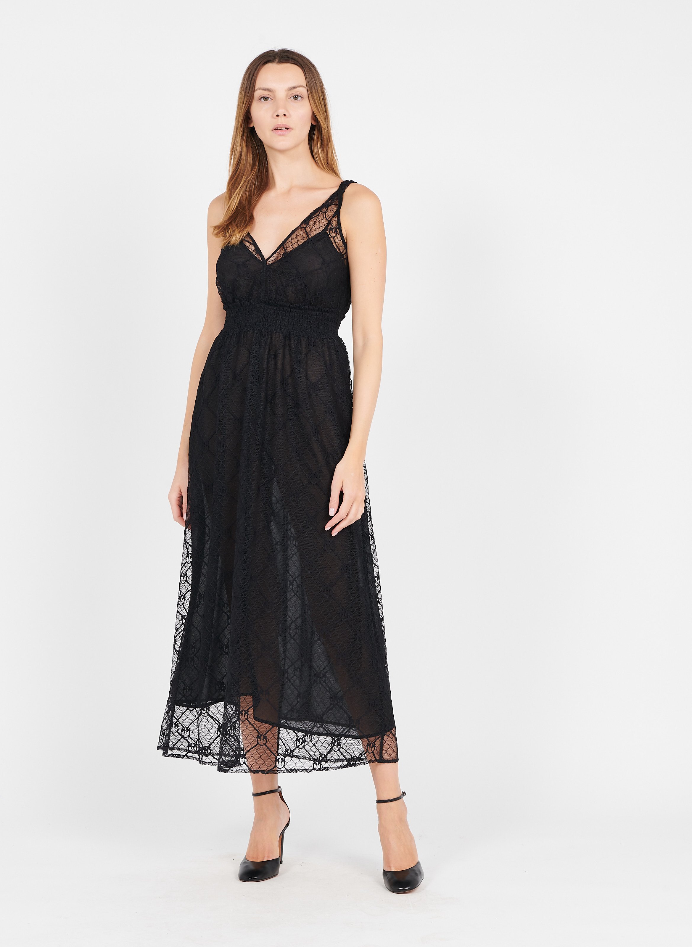 Abito Lungo Scollo A V Con Pizzo Nero Limousine Pinko - Donna | Place des  Tendances